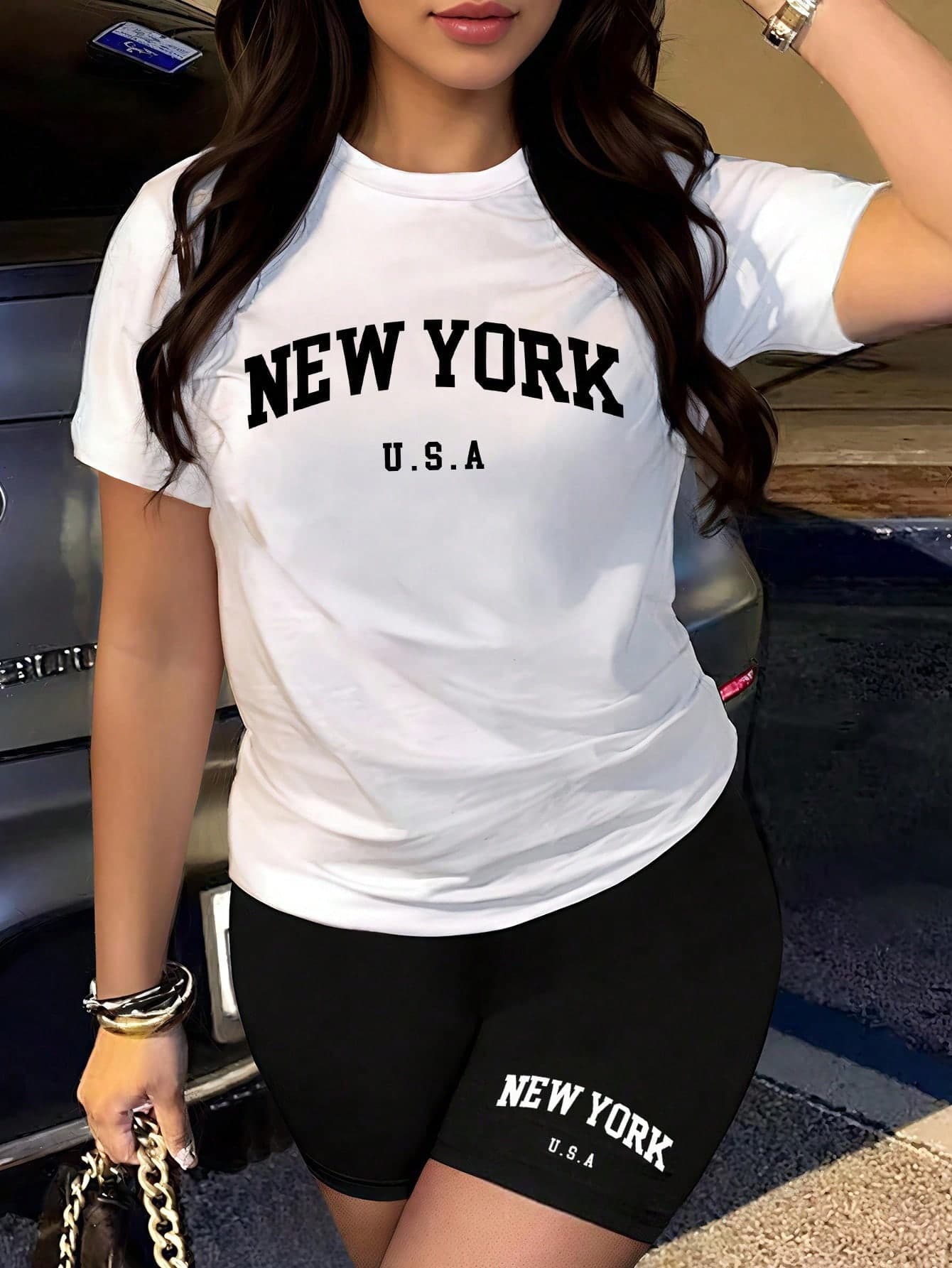 INAWLY 2pcs Women Letter Print Round Neck Short Sleeve Top And Shorts Set