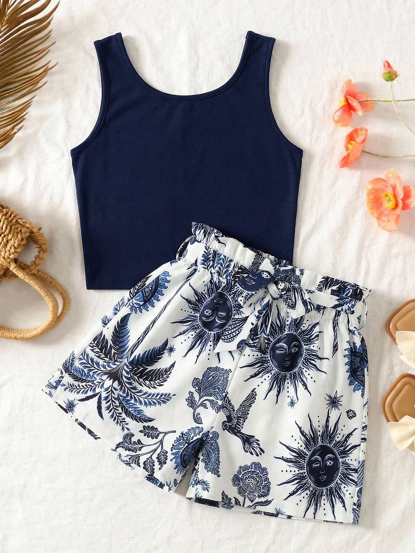 SHEIN Tween Girl Black Tank Top Leopard Print&Paper Bag Shorts 2 Pieces Set Navy Blue Short Sets For Girls,Kids Summer Outfits Holiday Piece