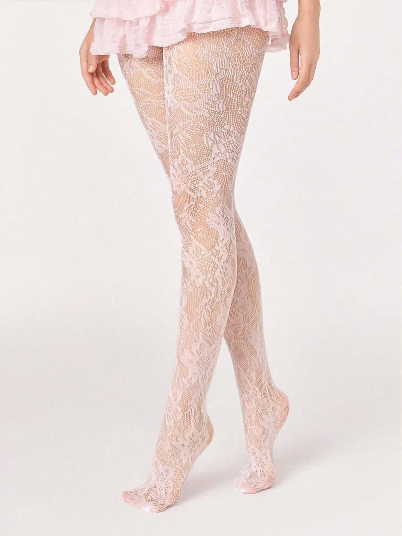 ROMWE Anime 1 Pair Of Sexy Floral Lace Fishnet Socks, Retro White Opaque Pantyhose, Light And Elastic Transparent Stockings