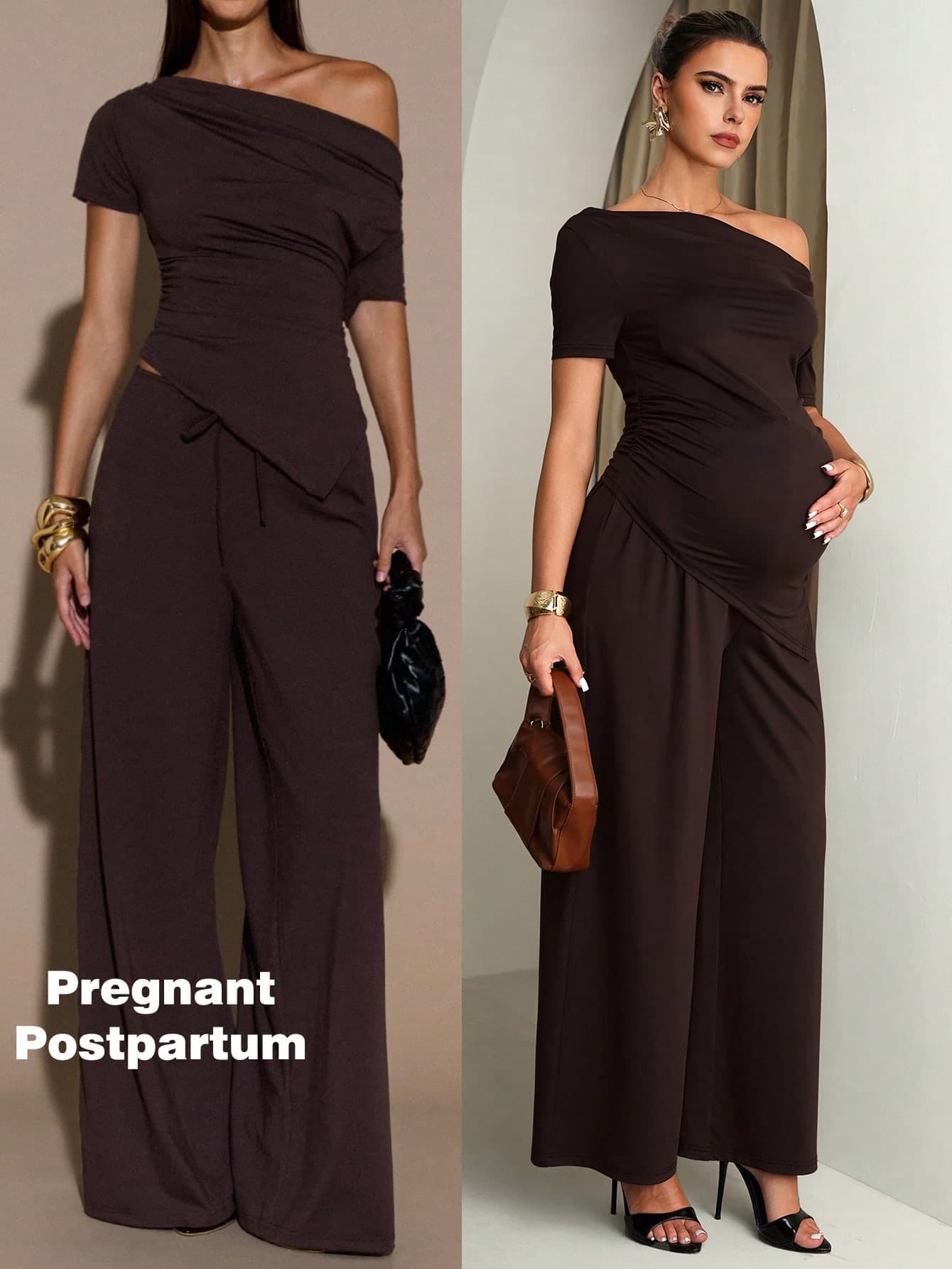MaterniChic Maternity Clothes Maternity Co Ord Summer Pregnant Clothes Brown Two-Piece Set Highly Elastic Elegant