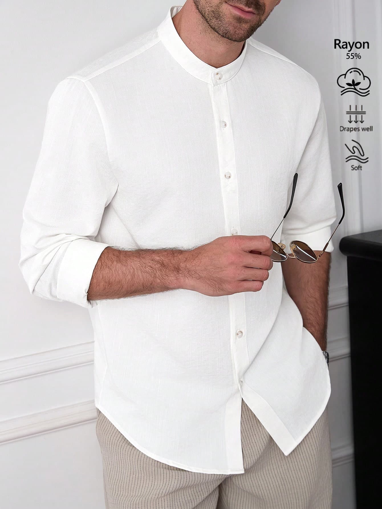 Core Aspect Men's All White Textured Rayon Band Collar Shirt,Minimalist Luxury Slim Fit Long Sleeve Casual Dress Shirt,Soft Draping Summer Vacation Streetwear, Formal