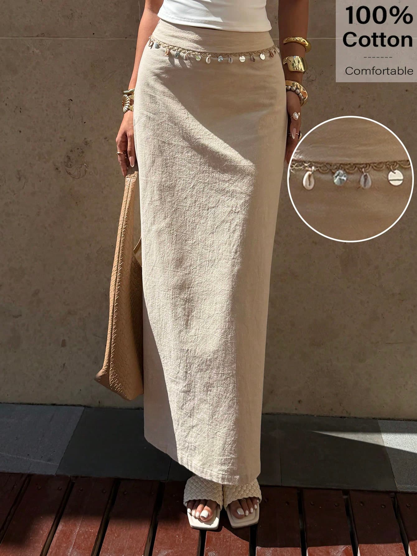 Siren Gaze Women's New Summer Clothes ,Work Outfits For Women,Casual Gzae Apricot Beach Vacation Pendant Decor Skirt, Linen Skirts Sarong Wrap Long