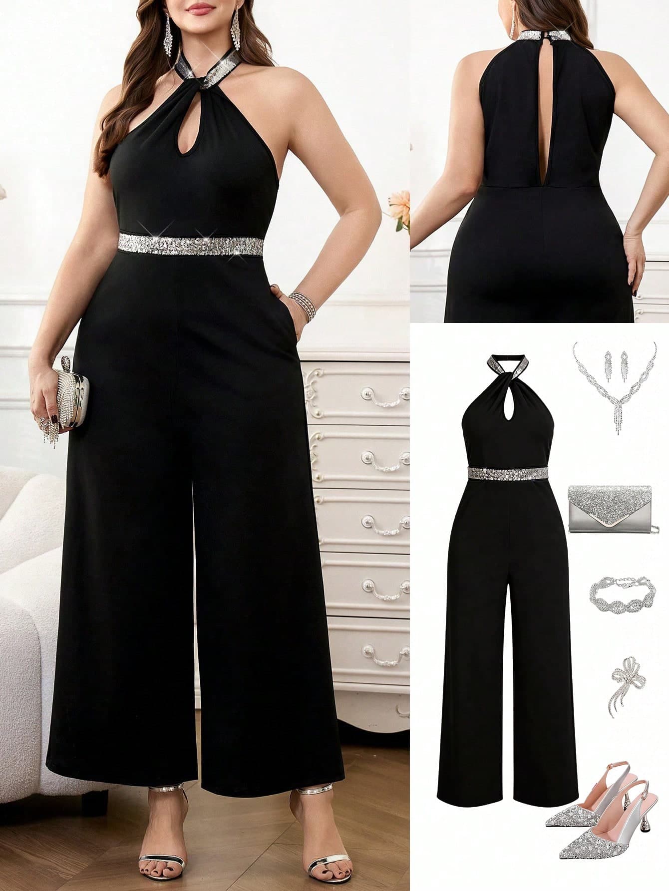 Gownix Plus Size Women's Sequin Halter Neck Jumpsuit,Elegant Black Summer Jumpsuits,Formal Dinner Evening 2 Pieces Sets,Classy Curvy Jumpsuit For Party