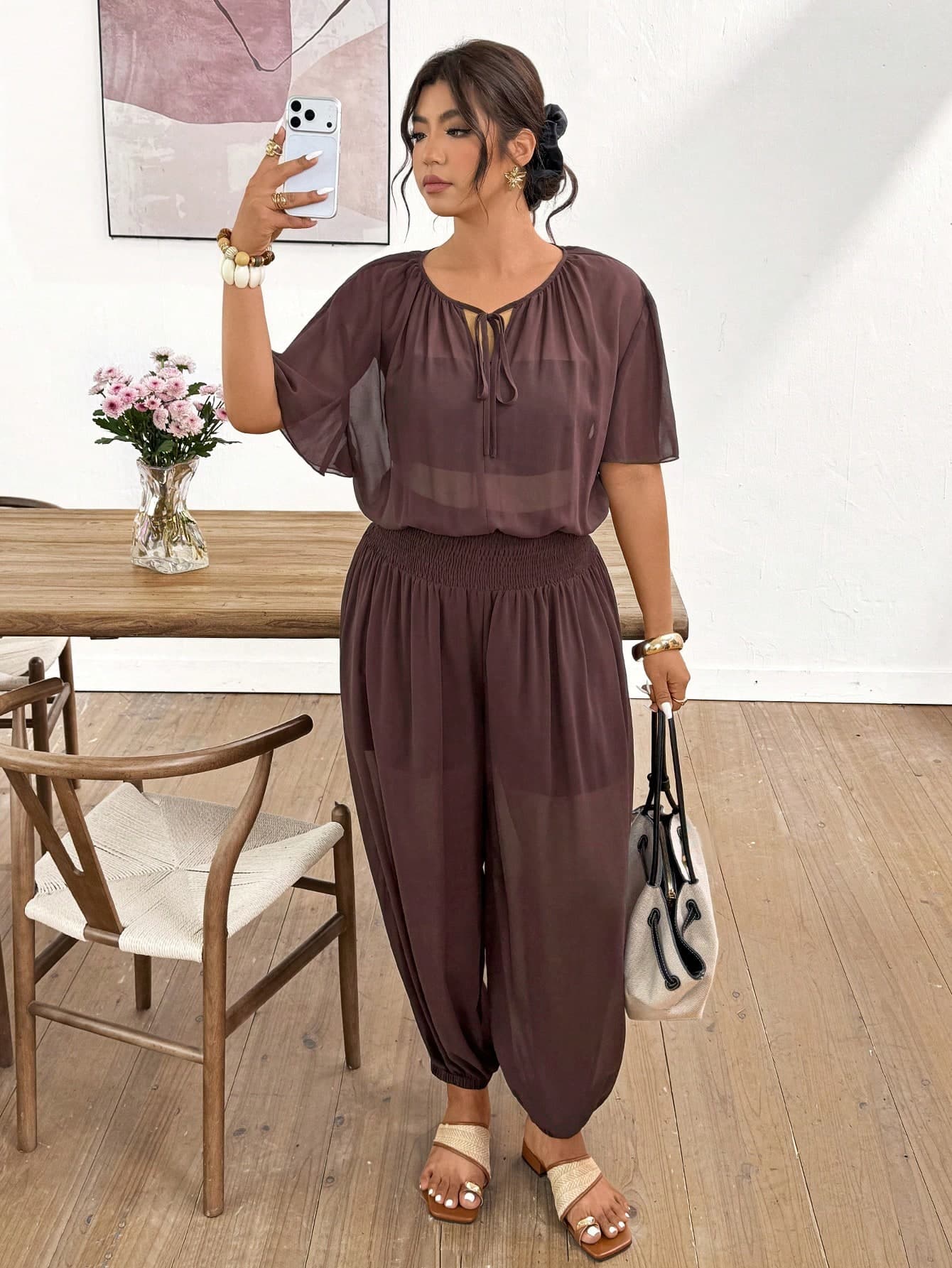 Lounesse Plus Size Women's Brown Cinched Waist Semi-Sheer Jumpsuit Casual Jumpsuit Boho Jumpsuit For Women 2 Piece Casual Sets Woman Brown 2 Piece Set Women