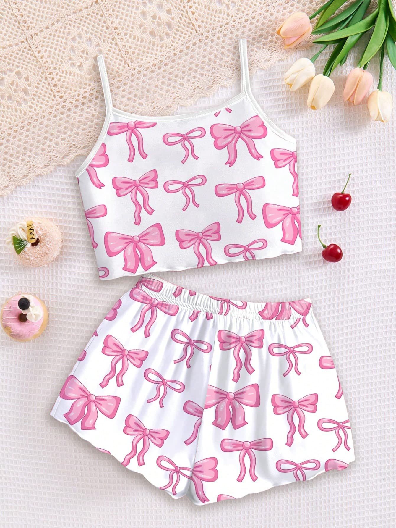 SHEIN 2pcs/Set Young Girls Cute Sweet Pink Bow Decor Camisole Top And Shorts Pajamas Set, Suitable For Summer, Y2K Style