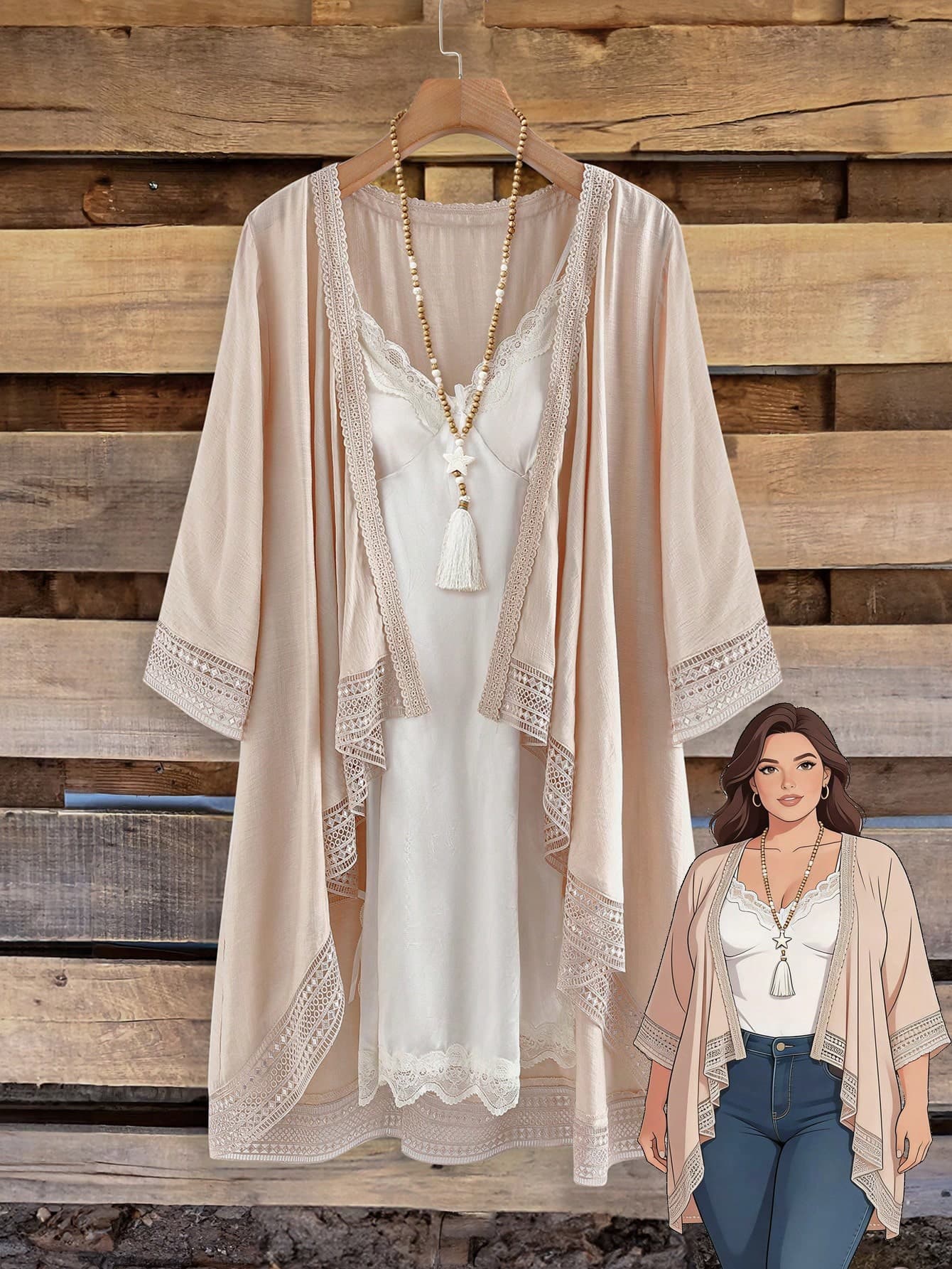 Rusticease Plus Size Women's Elegant Lace Patchwork Kimono Cardigan,Asymmetrical Hem Loose Sheer Beach Cover Up,Boho Bohemian Holiday Autumn Jacket Outerwear