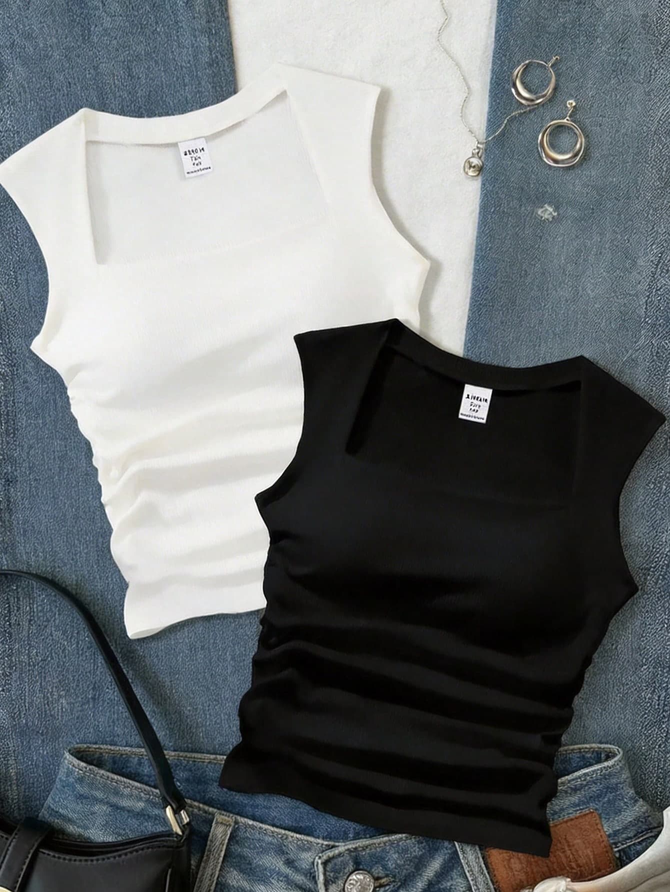 SHEIN 2pcs Teen Girls Black & White Knitted Waist Ruched Square Neck Collar Sleeveless Tank Top, Multipack Inner Wear Combo