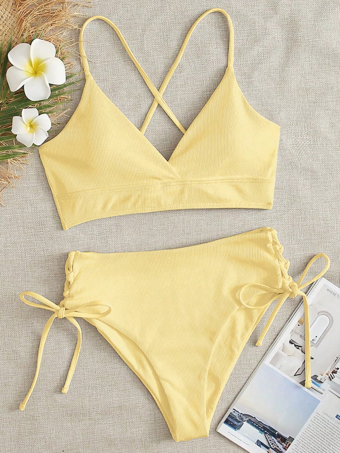 Swim Mod Women's Yellow Summer 2pcs Set,Deep V-Neck Backless Ruched Bikini Set,High Rise Tropical Beach Swimwear,Holiday Vacation Modest Bathing Suit,Holiday
