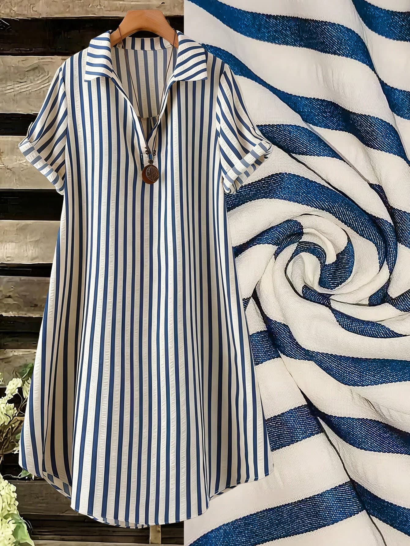 SHEIN Tall CURVE Women's Plus Size White Stripe Knee Length Dress With Roll Up Half Sleeves,Collar Neckline,Button Detail,Summer Casual Vacation Resort Wear