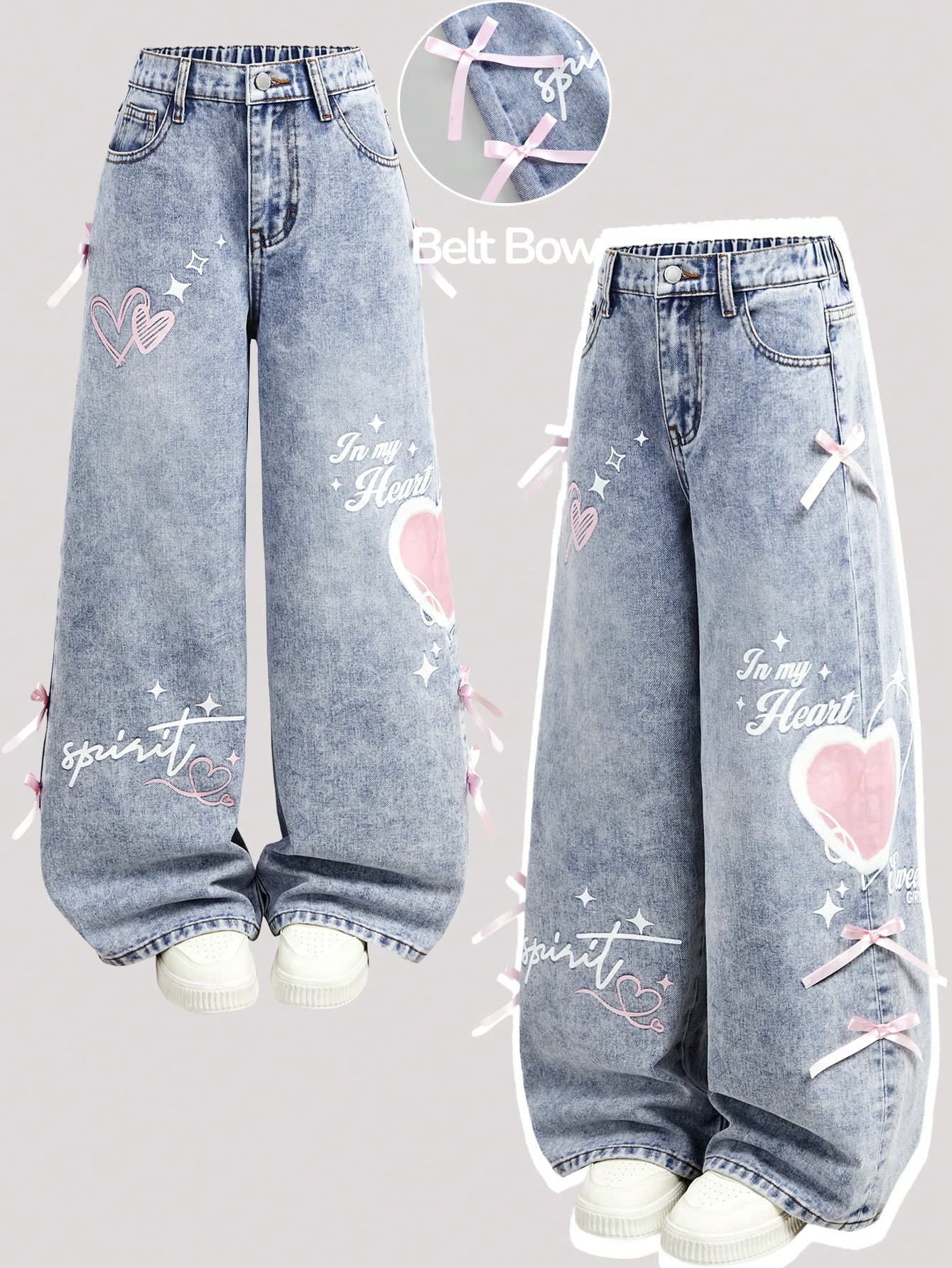 Tween Girls' Homecoming Streetwear Mix And Match Versatile Design Washed Heart & Letter Print Bow Decor Wide Leg Jeans Kawaii Jeans Heart Jeans Baggy Jeans Design