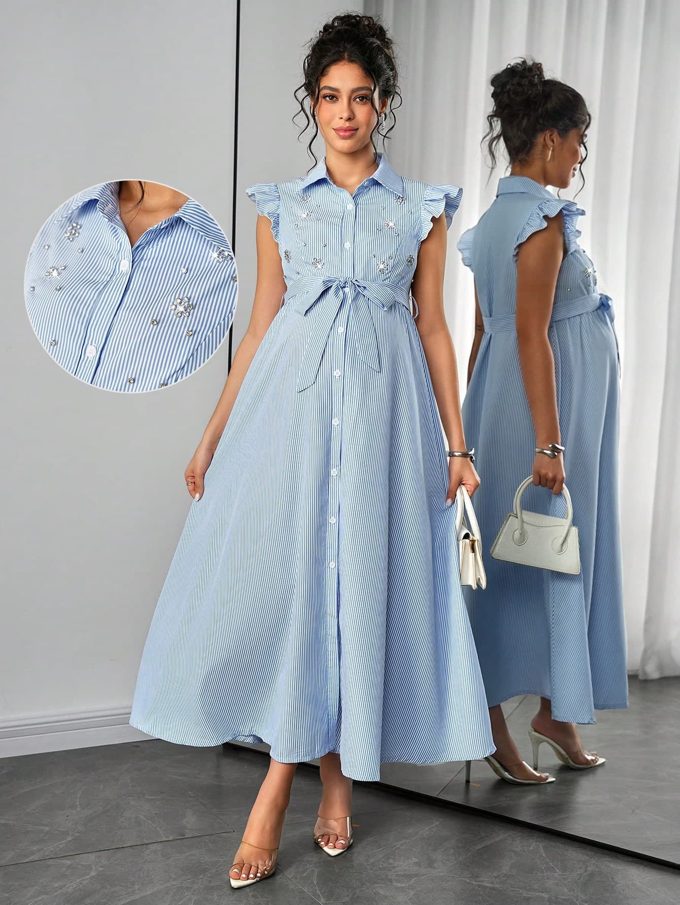 Momance Maternity Dress With Flutter Sleeves, Shirt Collar, Front Button Closure, Waist Belt, Bow Tie, Striped Dress