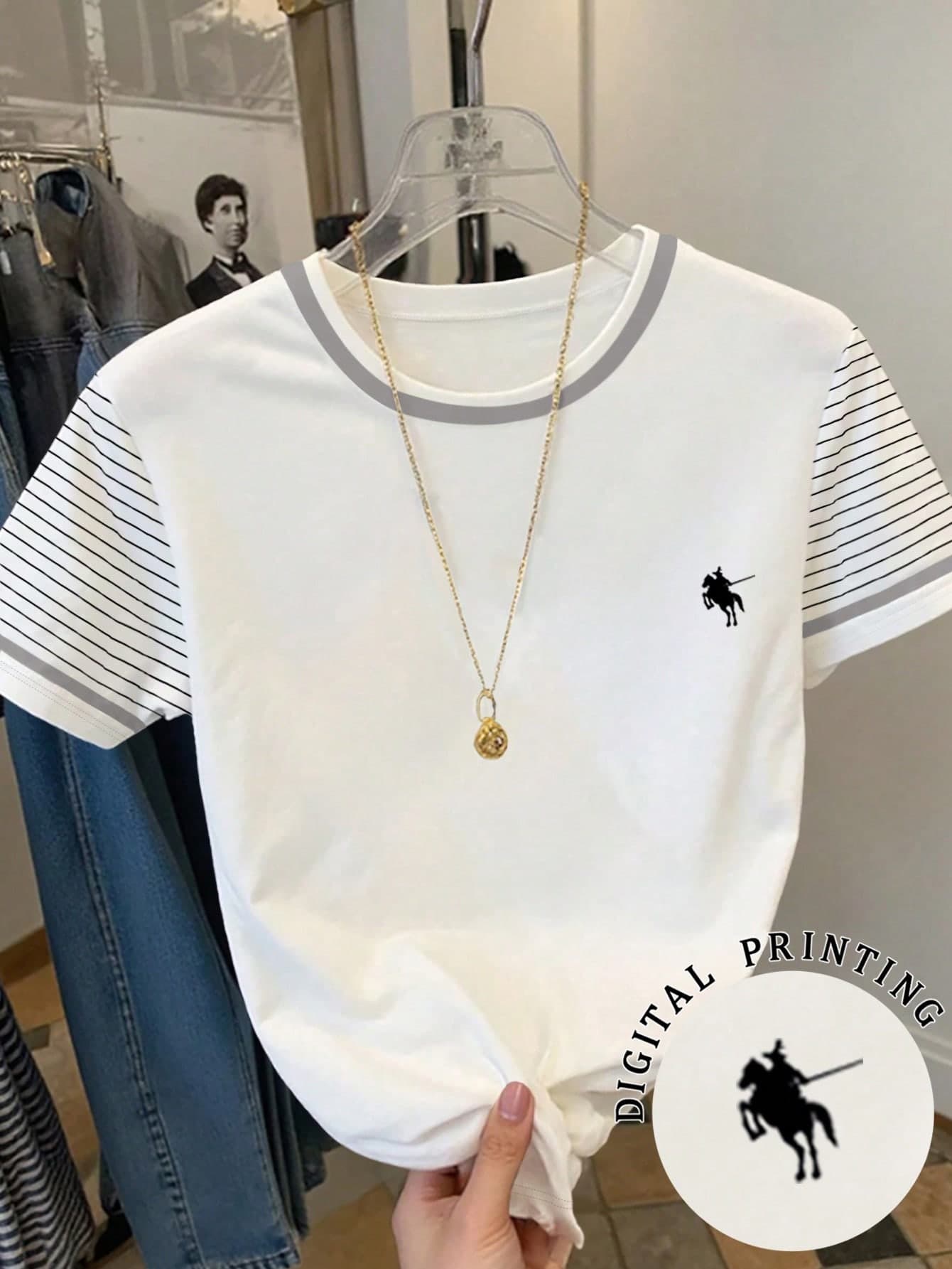 SHEIN Women's Round Neck Short Sleeve Casual Striped T-Shirt, Versatile For Daily Wear, Summer