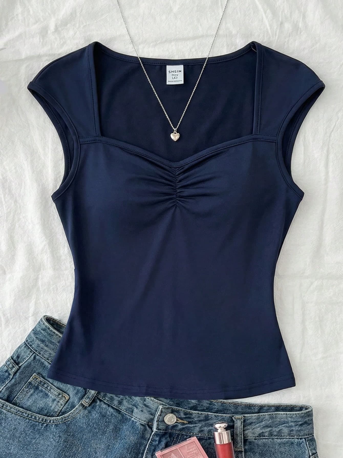 SHEIN Teen Girls Navy Blue Knit Ruched Bust Shrug T-Shirt,Summer Casual Graduation Outfit,Sweet Cute Back-To-School Holiday Picnic Everyday Wear