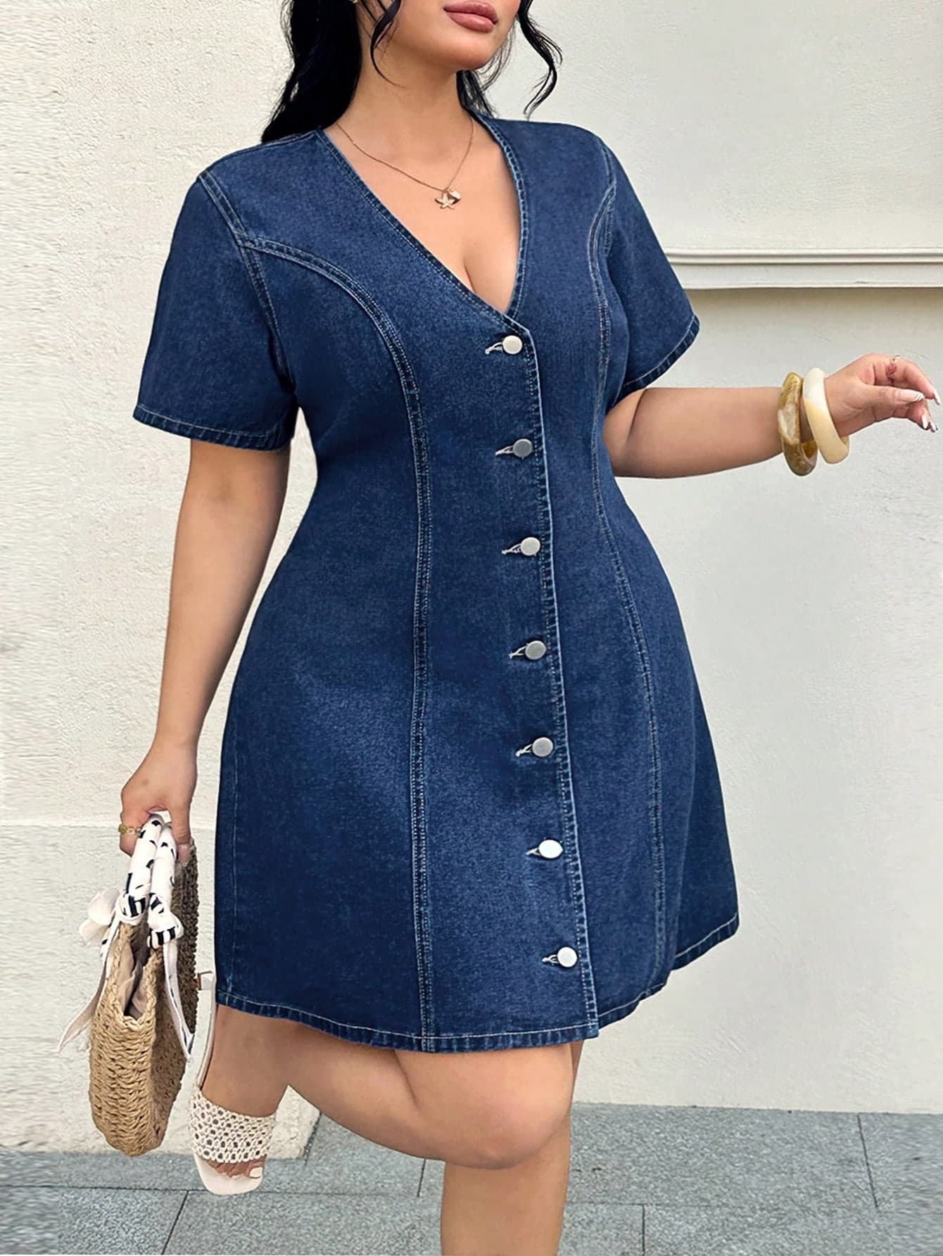 GalTyme Plus Size Women Casual Navy Blue Denim Dress,Summer Smart Casual Everyday Chic V-Neck Button Front Y2k Elegant Party Vacation Dress