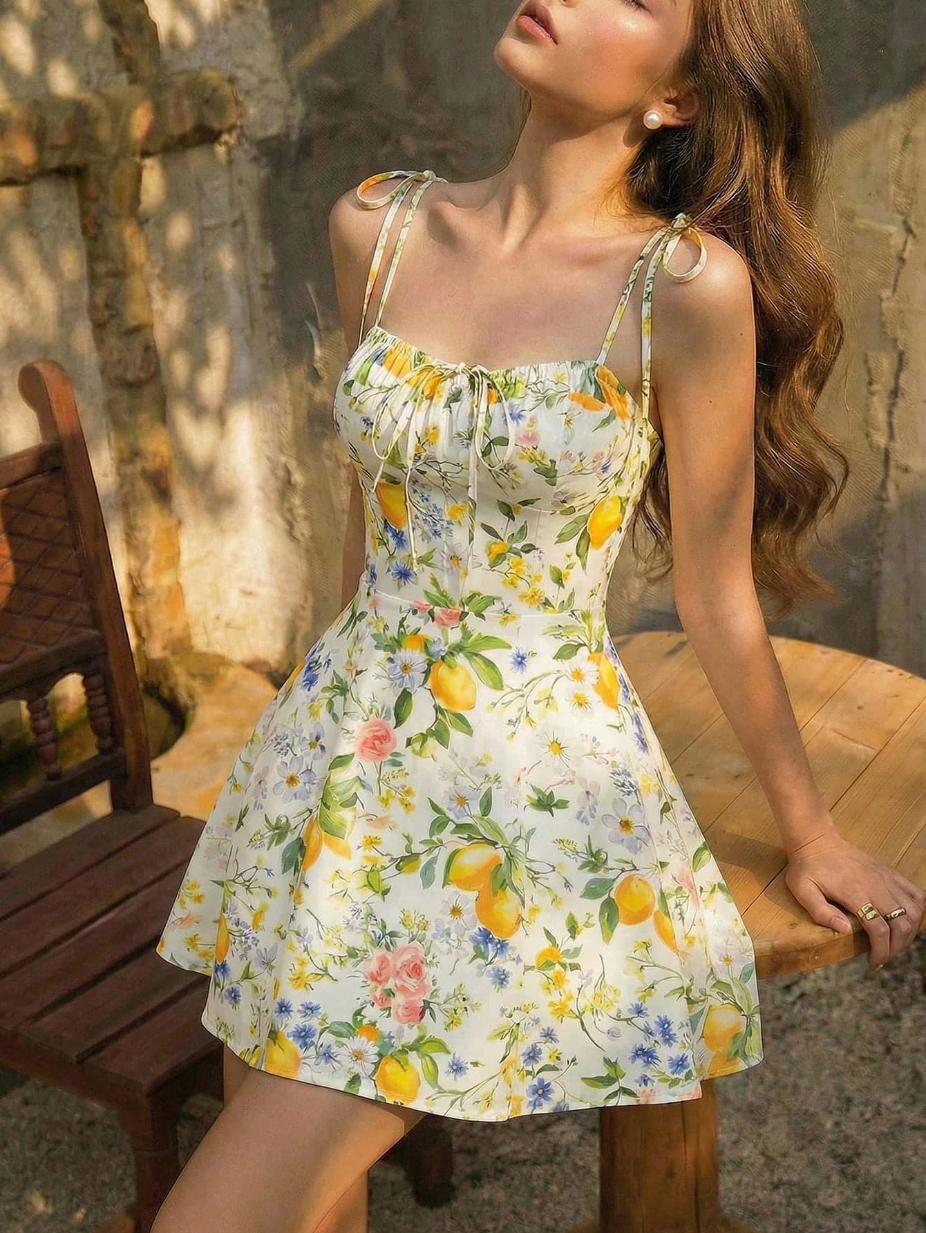 Skyraze Women's White Floral Lemon Bow Strap Short Dress,Summer Casual Holiday Party Wedding Guest Garden Elegant Beach Wildflower Picnic Spring Sun Dress