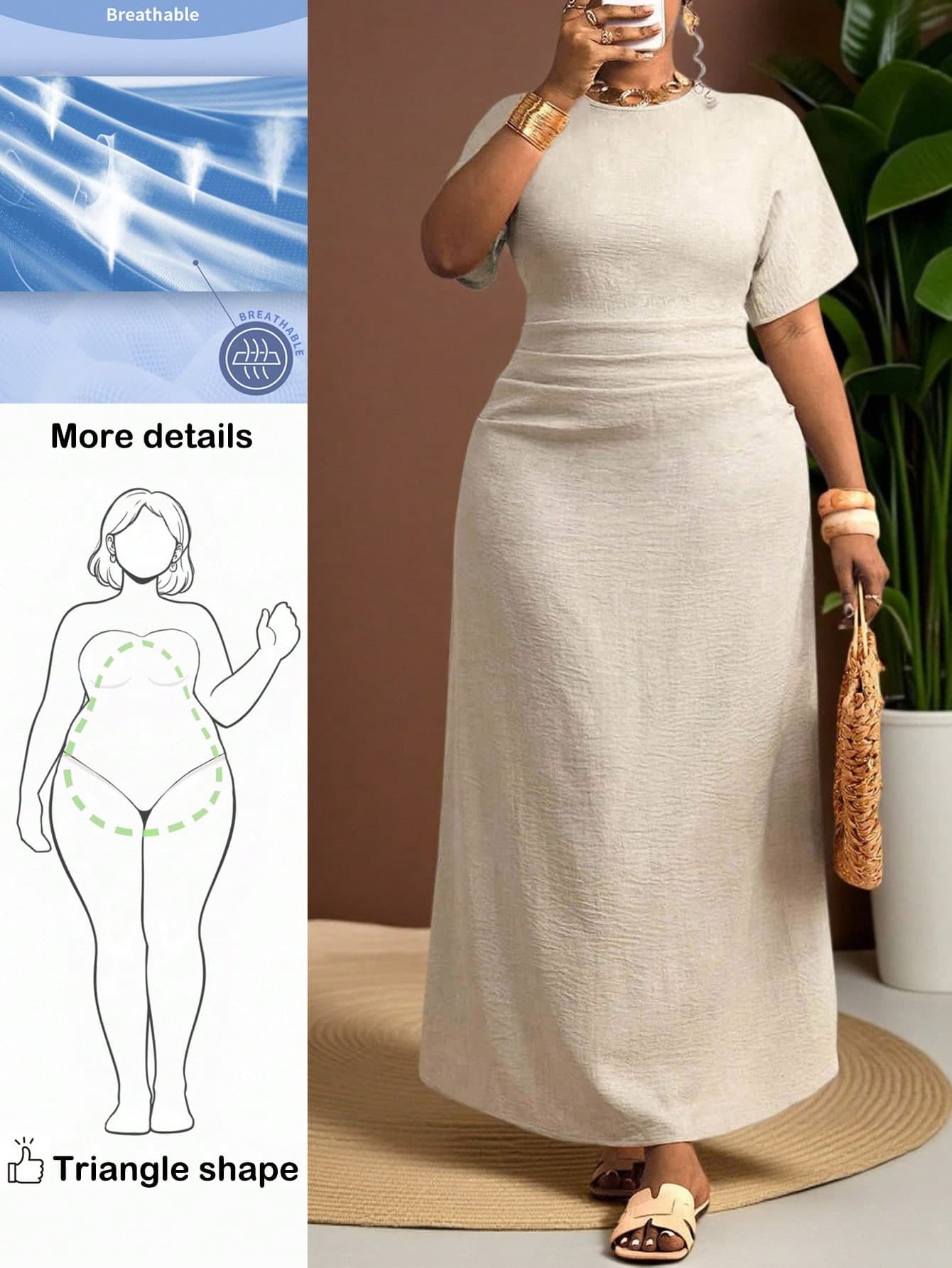 Truni Plus Size Women Beige Summer Elegant Holiday Minimalist Round Neck Short Sleeve Ruched Midi Dress Resort Vacation Wear Brunch Outfits