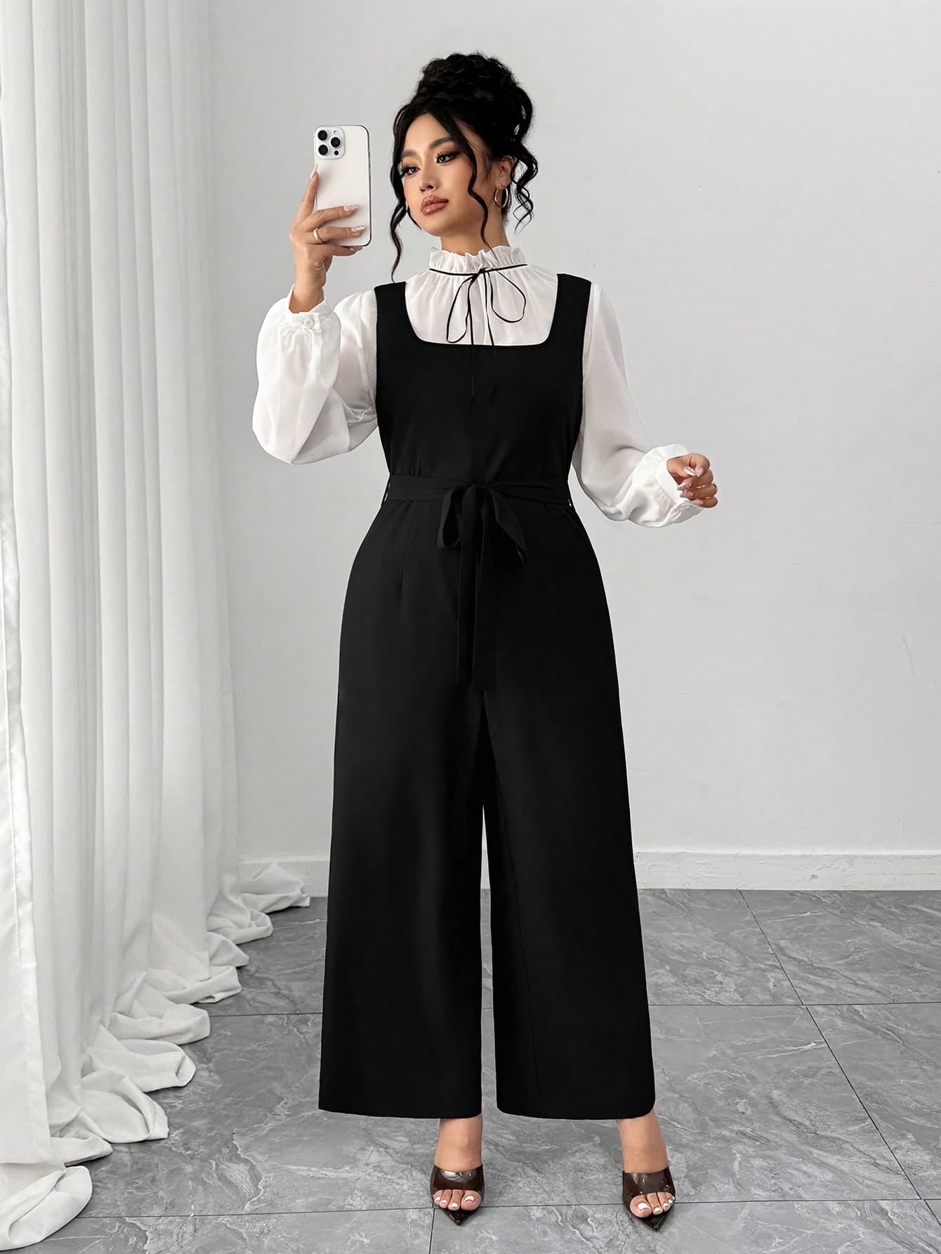 SHEIN PETITE CURVE Plus Size White Long Sleeve Top And Black Belted Sleeveless Jumpsuit Elegant 2-Piece Set