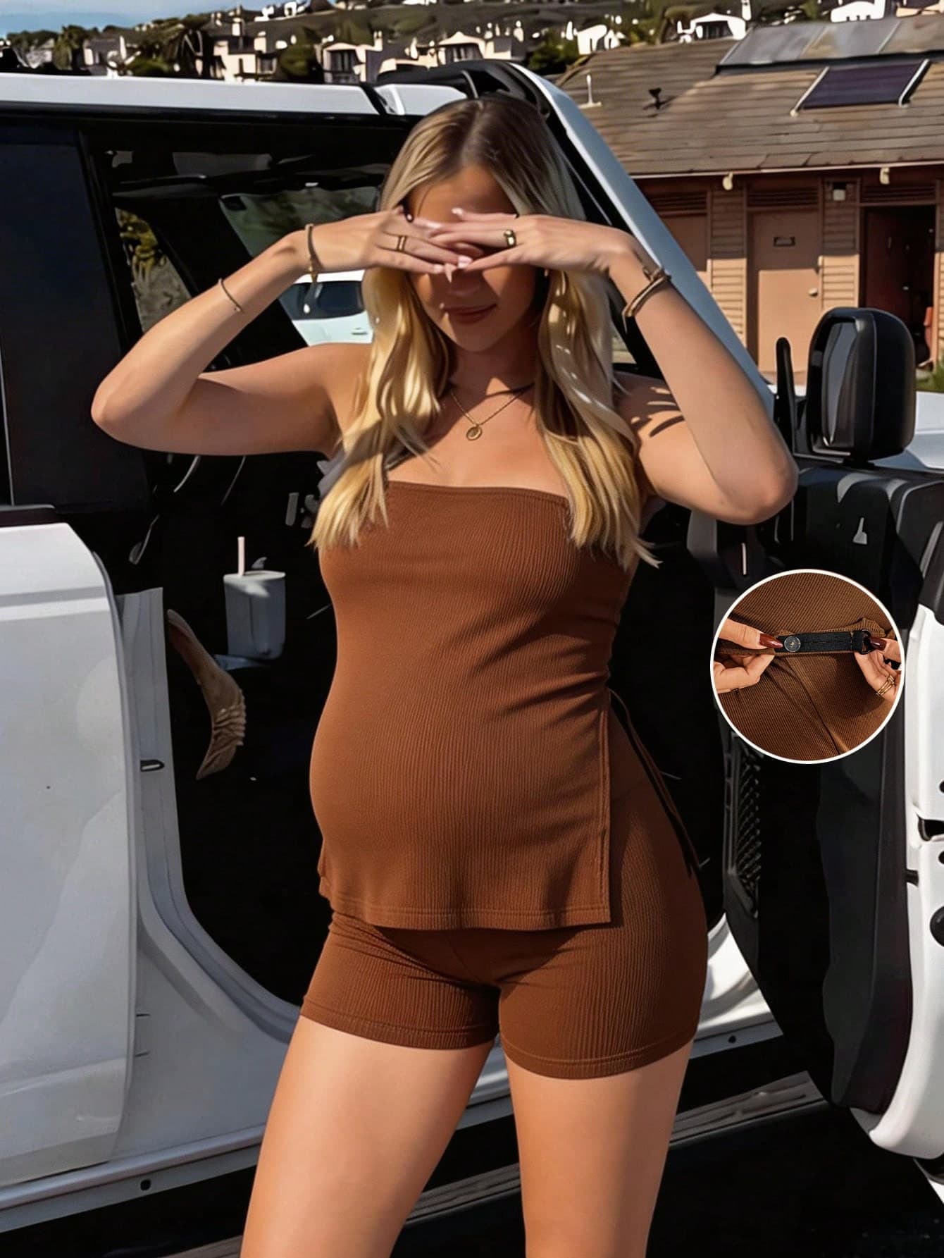 SHEIN 2pcs Maternity Solid Color Comfortable Cropped Top And Shorts Set, Summer Cute Outfit Outfits Beach Casual Holiday