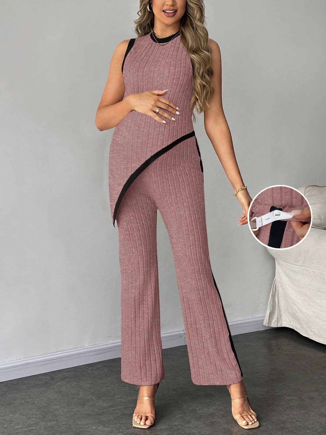 SHEIN Maternity Contrast Trim Asymmetric Hem Sleeveless Top And Long Pants Elegant 2 Pieces Set