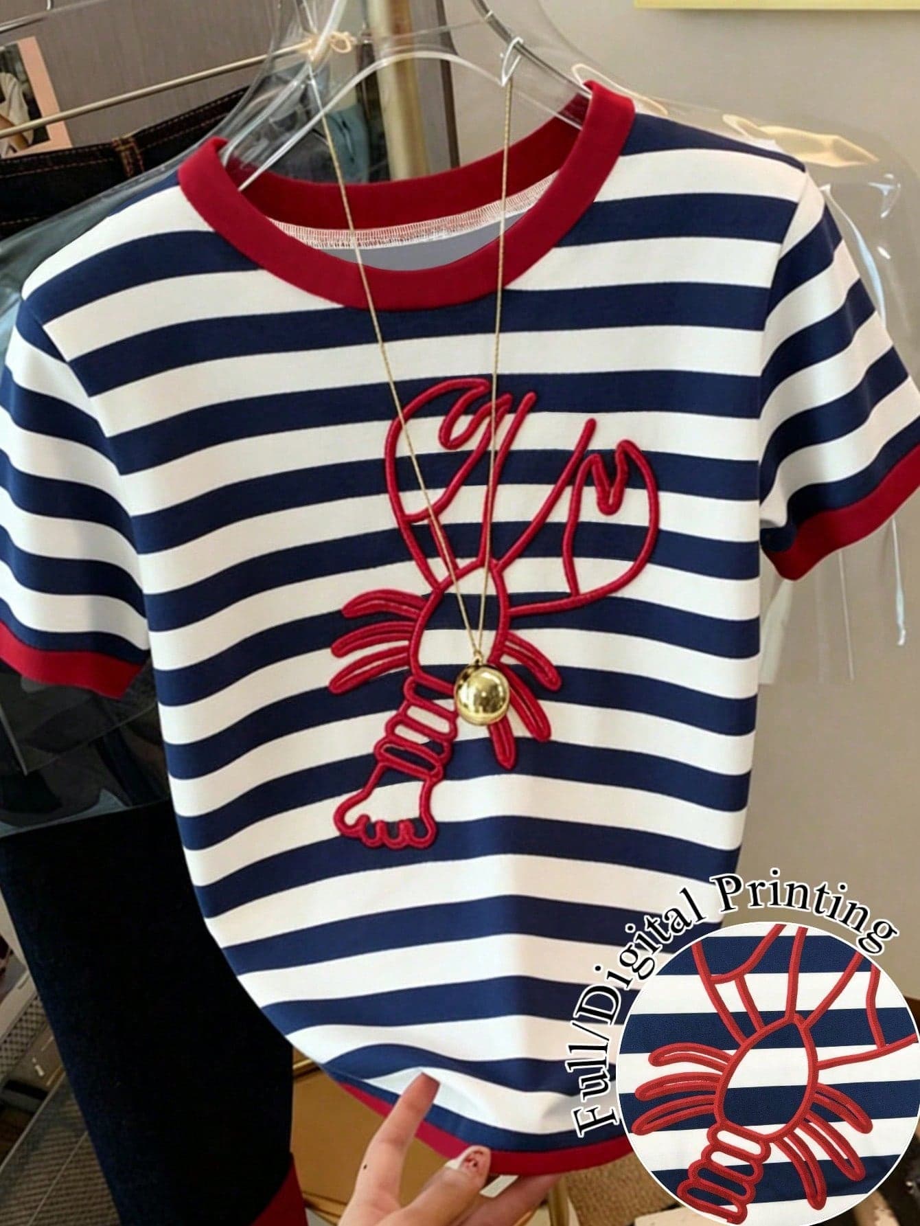 1pc Teen Girl Casual Striped Lobster Print Round Neck Short Sleeve T-Shirt,Classic Navy Blue,White,Summer,Vacation,Minimalist Versatile Fitted Tee Top