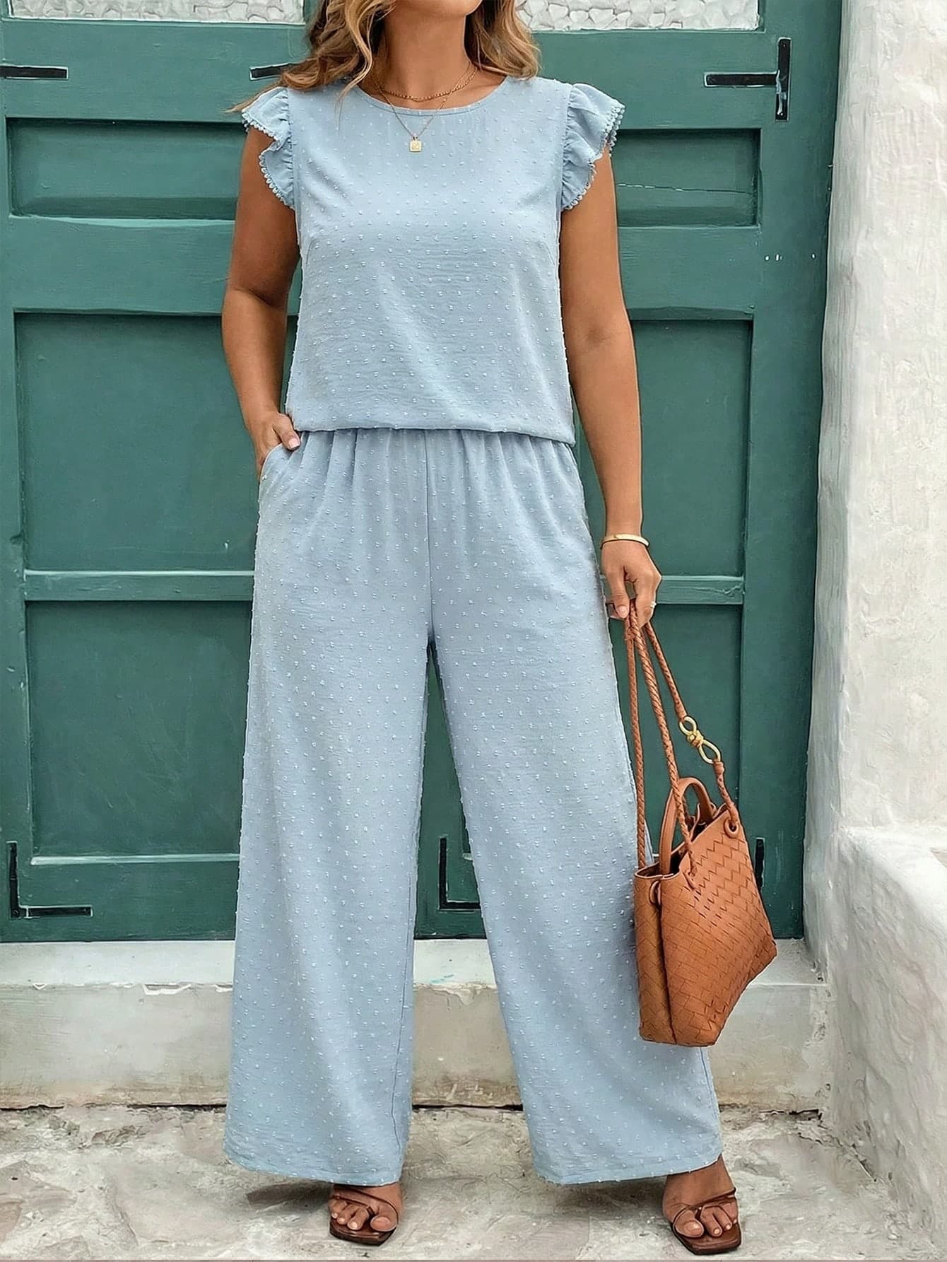 SHEIN Clasi Women's Summer Light Blue 2-Piece Set,Smart Casual Khaki Cap Sleeve Blouse & Elastic Waist Wide Leg Pants,Vacation Holiday Plus Size Lounge Outfits
