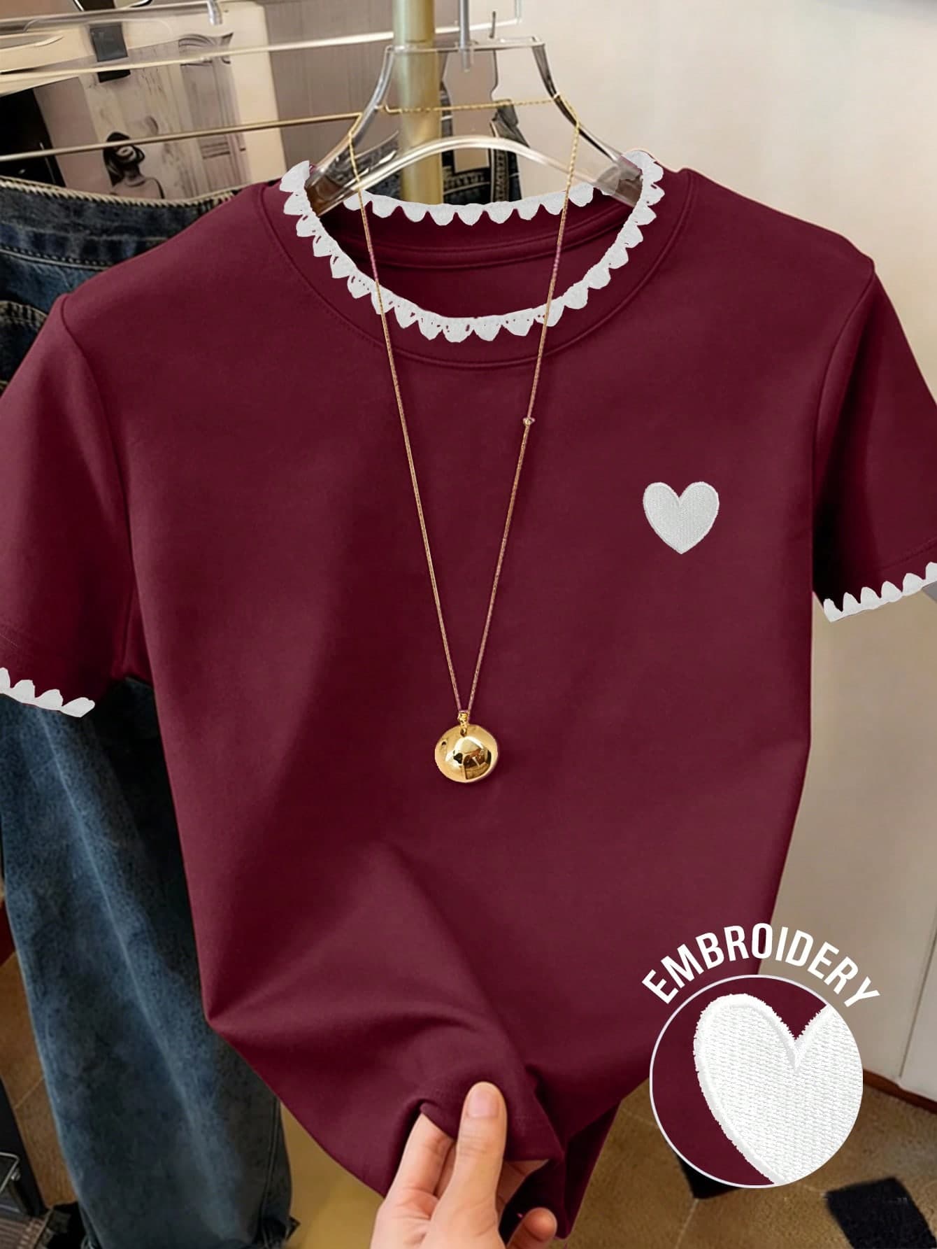 Resyla Women's Summer New Arrival Graphic Tee,Burgundy Wine Red Coffee Color White Heart Dog Tooth Embroidery,Casual Cute School Outdoor Street Short Sleeve