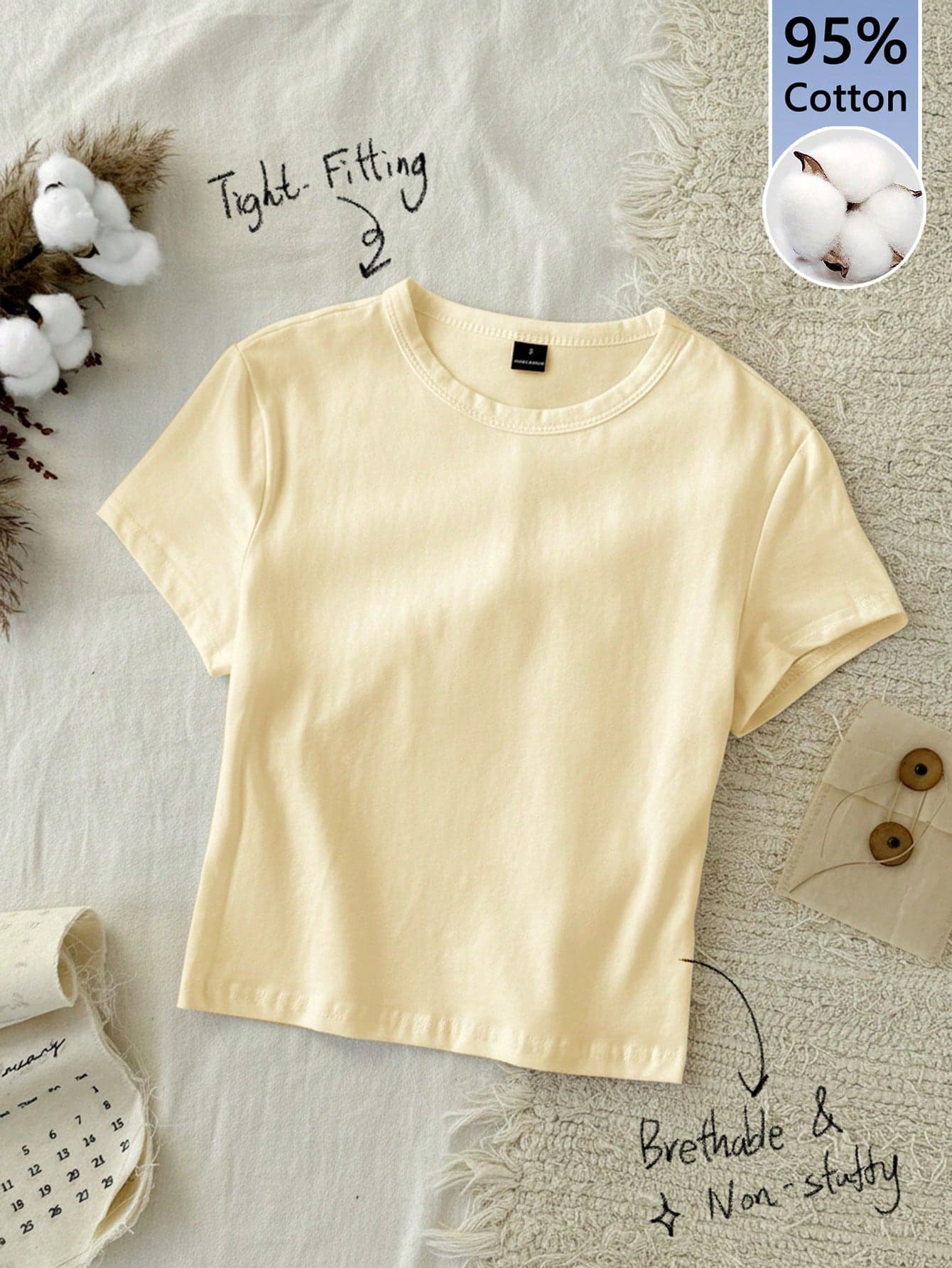 Tseoso 1pc Solid Form Fitted Tee 95% Cotton