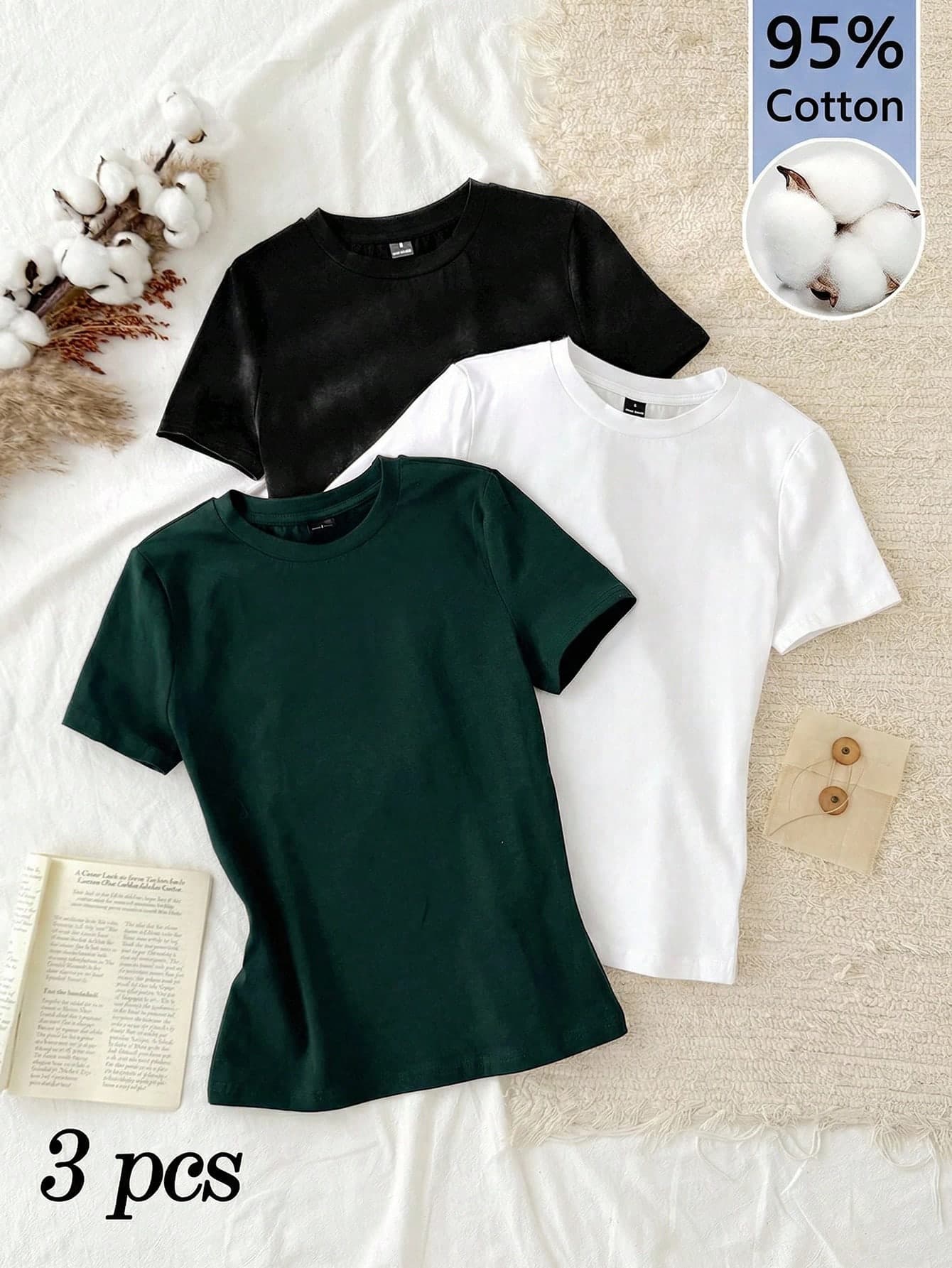 Tseoso 3pcs Set Women Casual Minimalist 95% Cotton Round Neck Fitted Long Sleeve T-Shirt