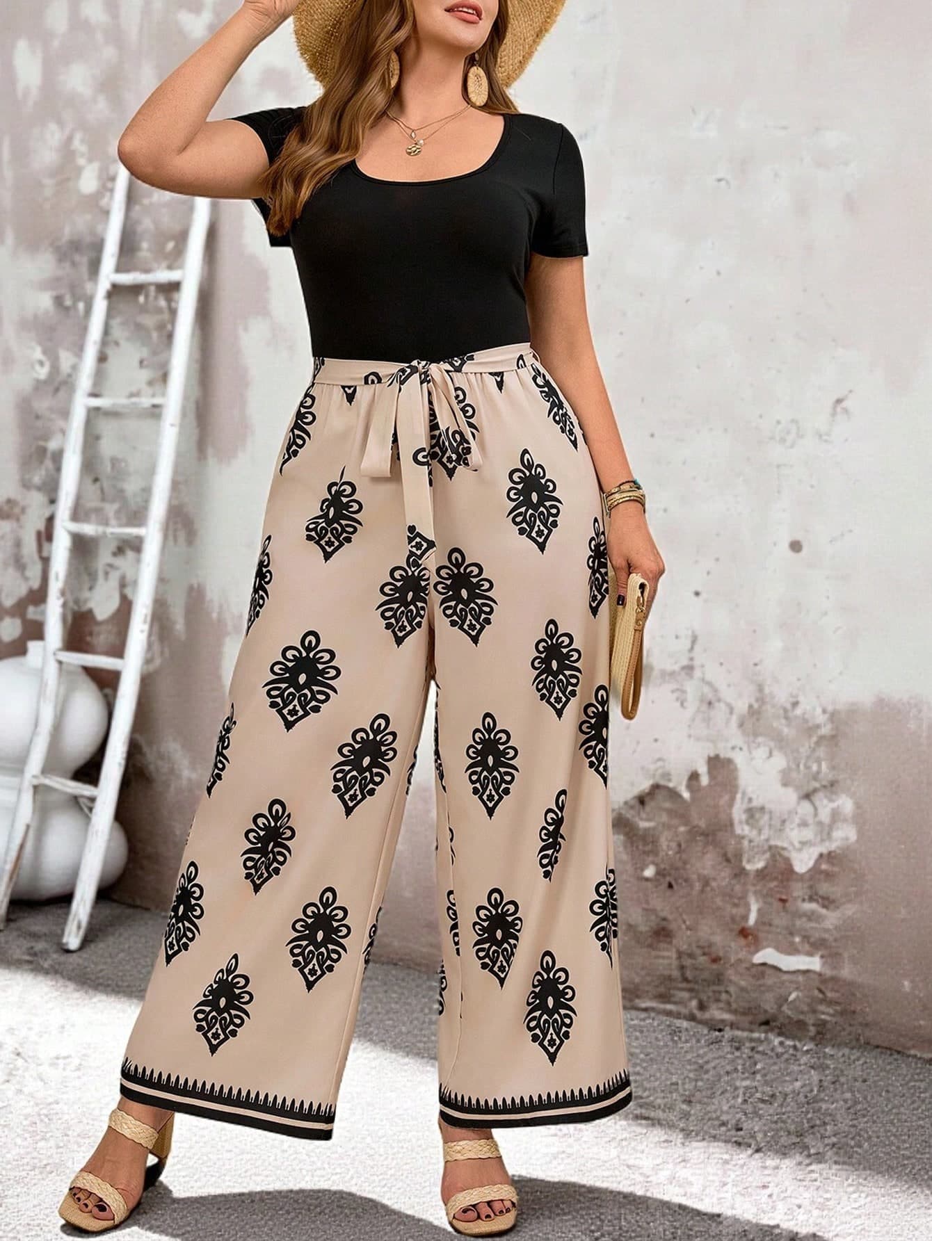 EMERY ROSE Plus Size Women's Summer Boho Vacation Holiday Beige Colorblock Print Patchwork Short Sleeve Jumpsuit,Wide Leg Palazzo 2pc Pants Set Outfits