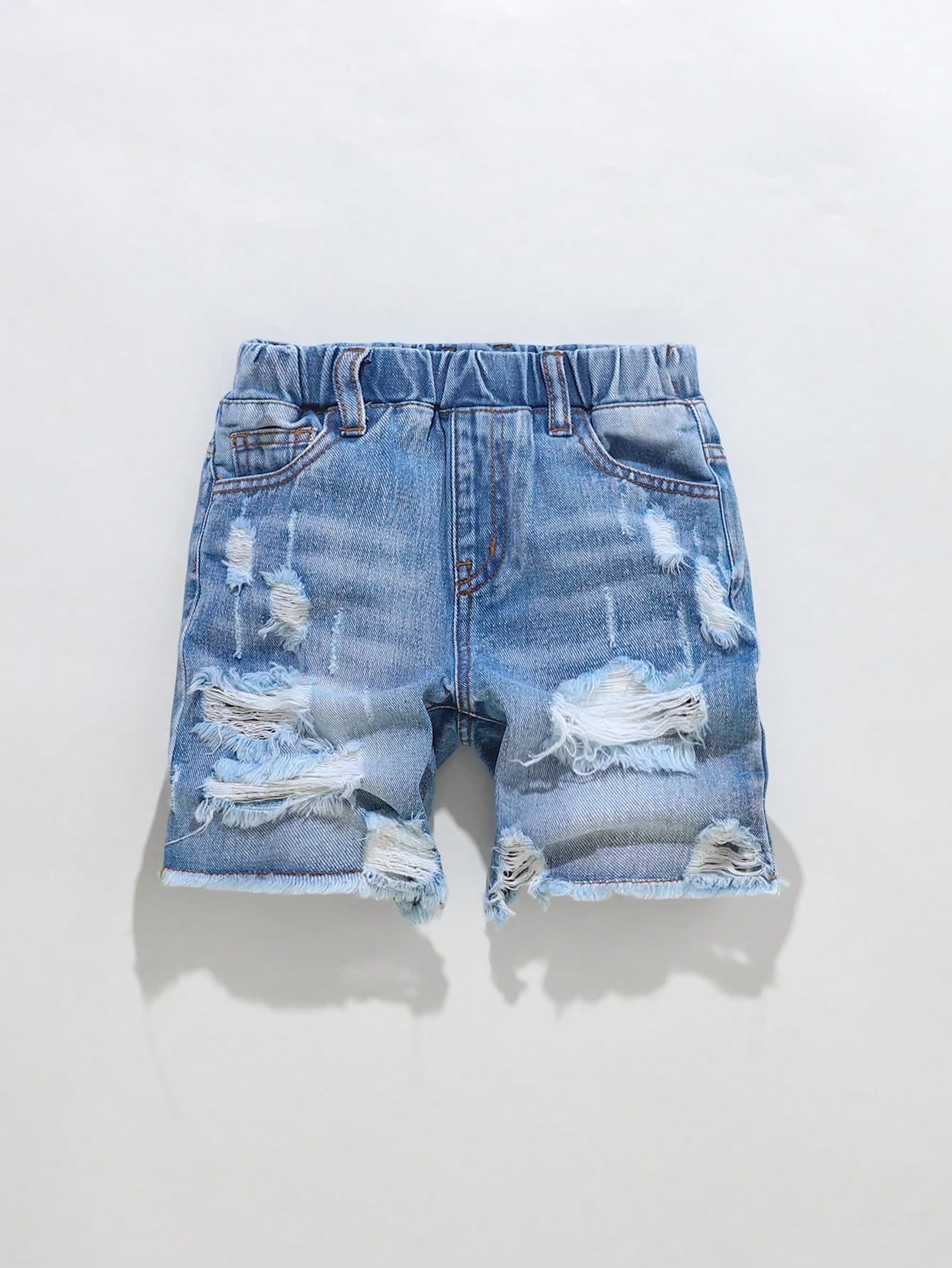 Boys'Summer Denim Shorts,80s Fashion Street Style,Light Blue Washed Distressed Ripped Details,Elastic Waistband Design For Comfort,Versatile Fit