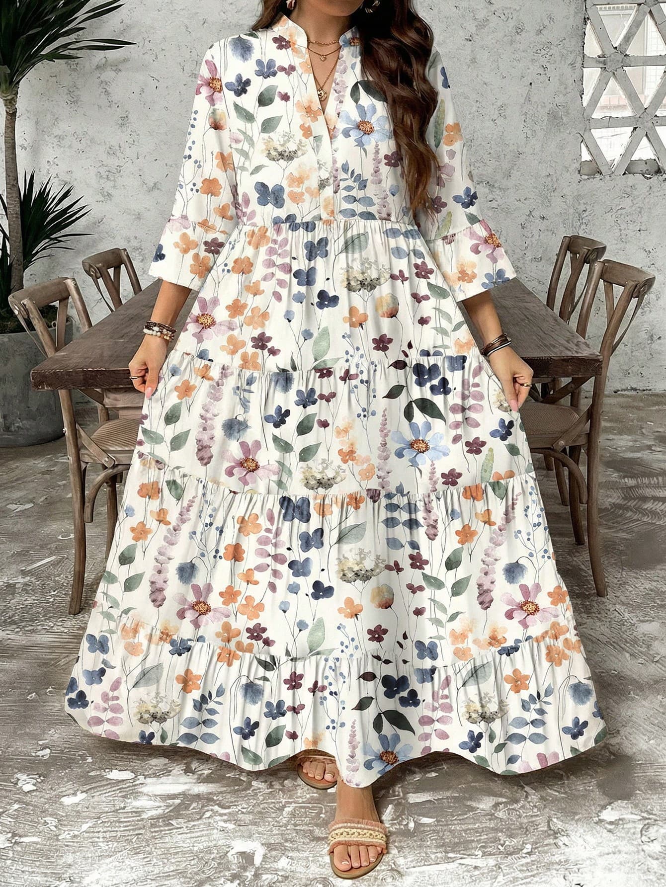 SHEIN LUNE Plus-Size White Summer Boho Bachelorette Party Picnic Holiday Floral Print Four-Layer Babydoll Dress,Women's Graduation Wedding Guest Beach Outfit