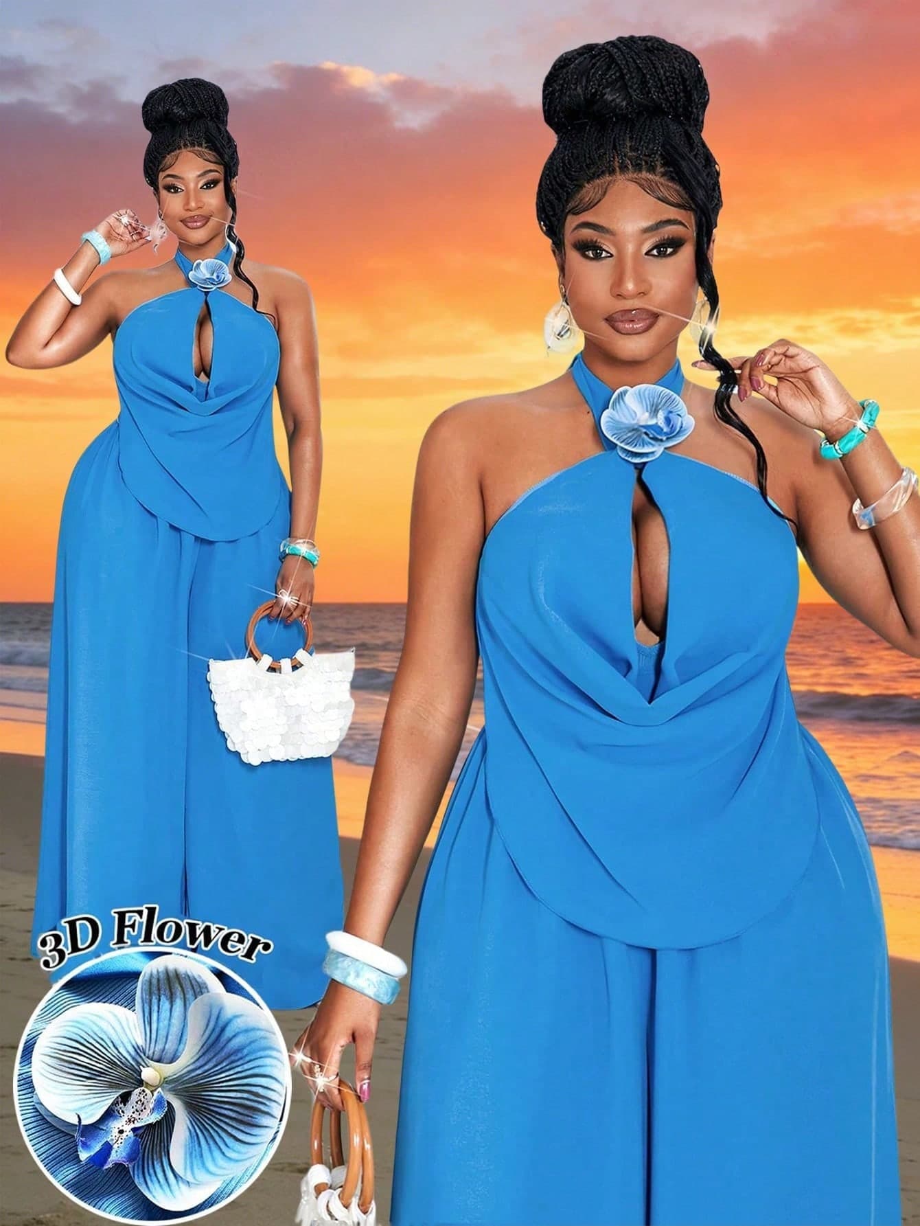 Maweii Plus Size Women's Sky Blue Summer Elegant Vacation Holiday Halter Backless Loose Pants With Detachable 3D Floral Decor,Versatile Sleeveless Top Set