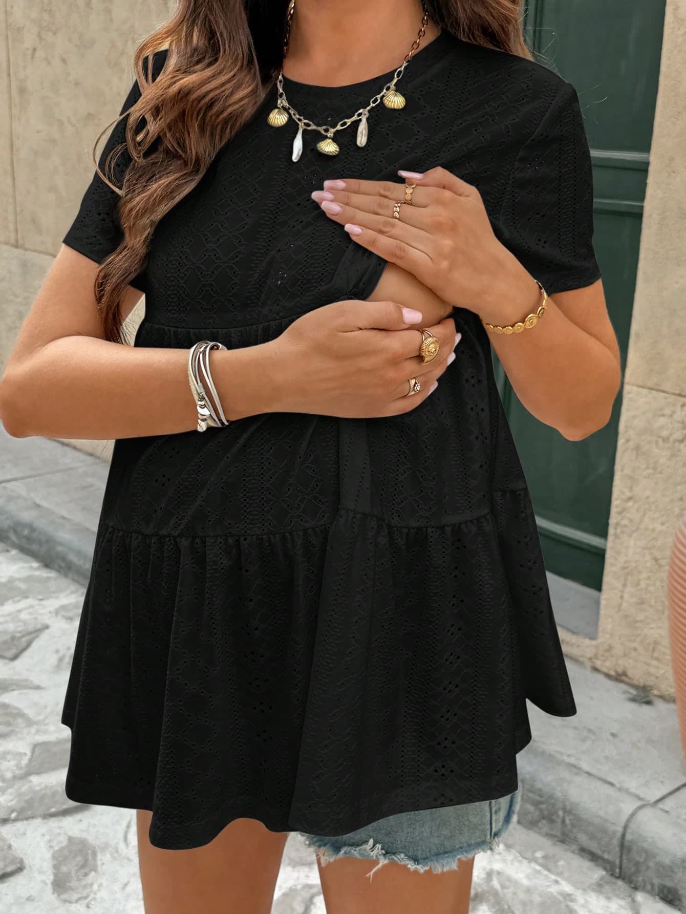 SHEIN Maternity Casual Solid Color Short Sleeve Nursing Top, Black Crochet Tiered Peplum Summer, Elegant Black