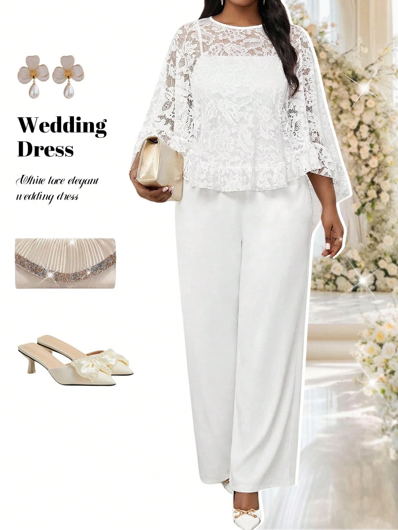 Fleurora Plus Size Elegant White Summer Silky Wedding Guest 2-Piece Set,Sleeveless Jumpsuit With Lace Ruffle Hem Cape,Luxury Women's Clothes Palazzo Pants Set