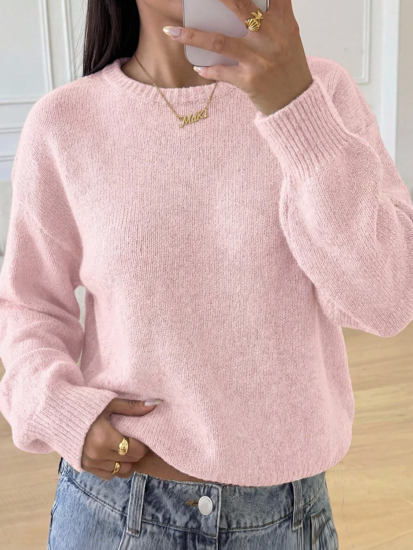 SHEIN Teen Girls Sweaters Casual Baby Pink Lantern Sleeve Cropped Solid Color Long Sleeve Winter Holiday Back-To-School Autumn Cute Sweater Women Sweatshirt