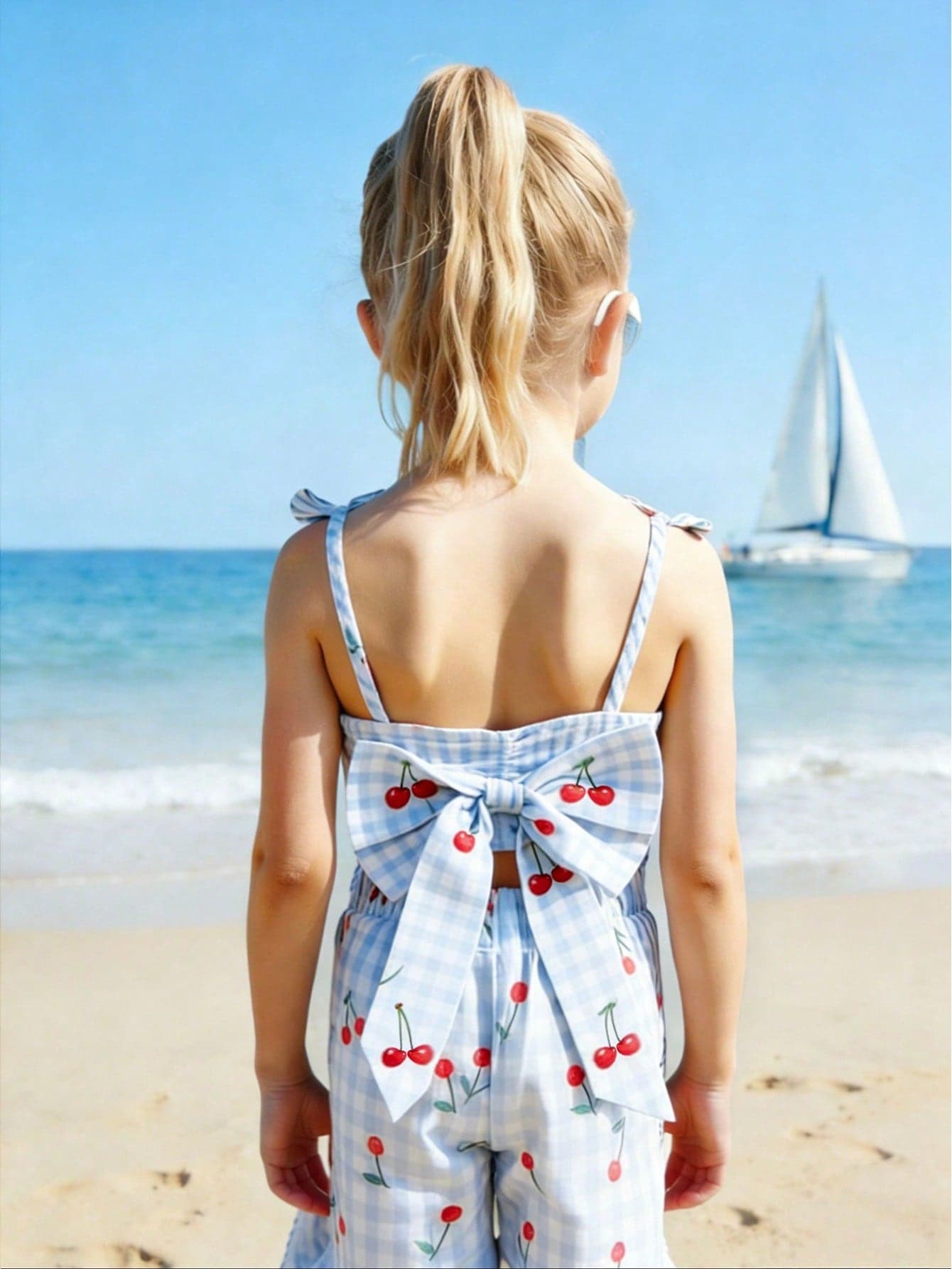 Young Girl Romper, Elegant Casual Vacation, Spaghetti Strap Snug Fit Blue Woven Romper, Spring/Summer, Suitable For Outdoor Vacation Wear
