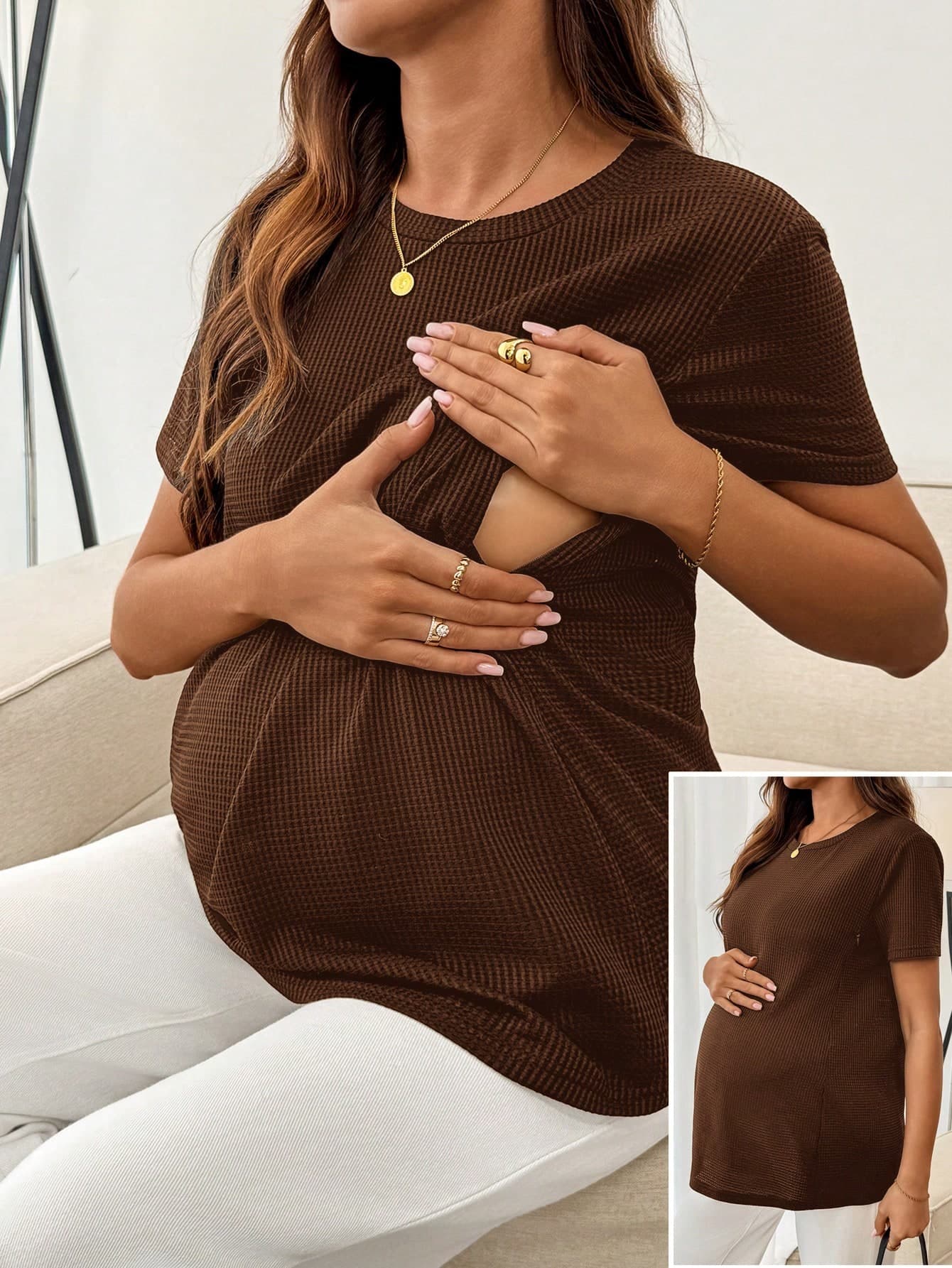 Slowluna Maternity Casual Solid Color Short Sleeve Nursing Top, Summer