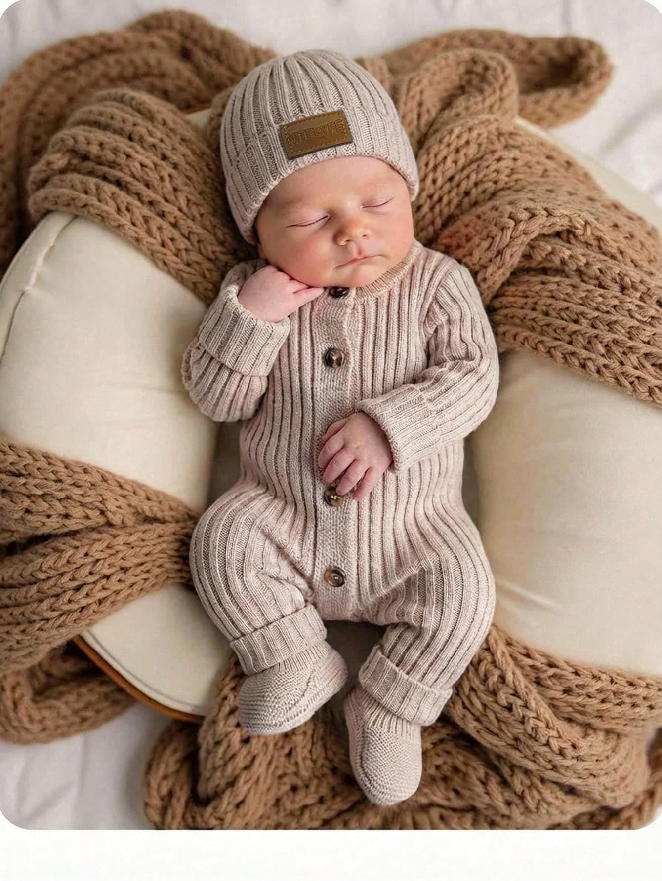 SHEIN Cozy Long Sleeve Newborn Button-Up Jumpsuit In Soft Striped Fabric Knit Outfit Boy Photoshoot Neutral Baby Clothes Sweater Romper Fall/Winter
