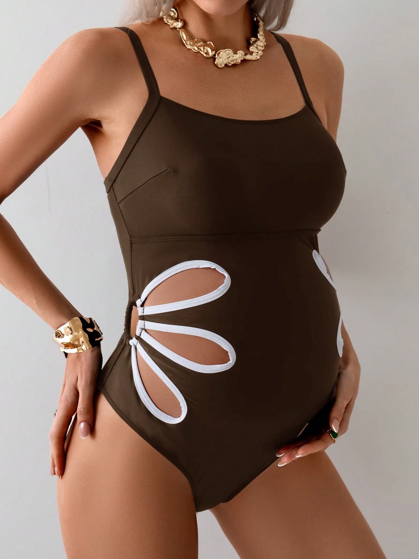 Swim Vcay Maternity Floral Hollow Out One-Piece Swimsuit