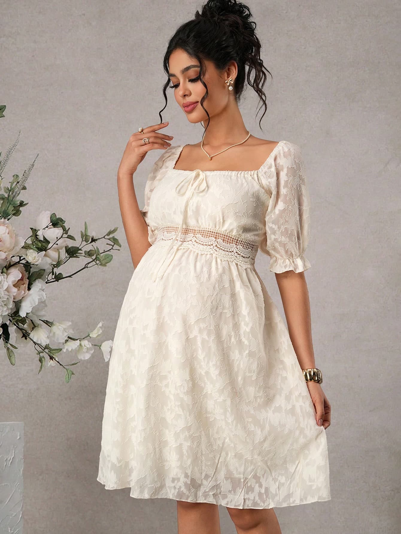 Momance Pregnant Women's Jacquard Knotted Ruched Fashionable Date Party Dress, Suitable For Summer