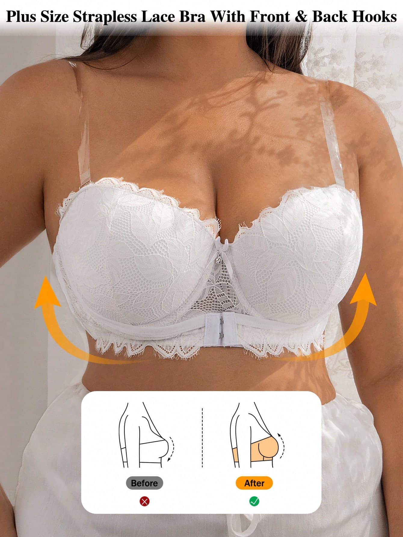 DesireSculpt Plus Size Sexy Lace-Trimmed Fan-Shaped Eyelash Edge Front Clasp Adjustable Transparent Straps Wedding Bra