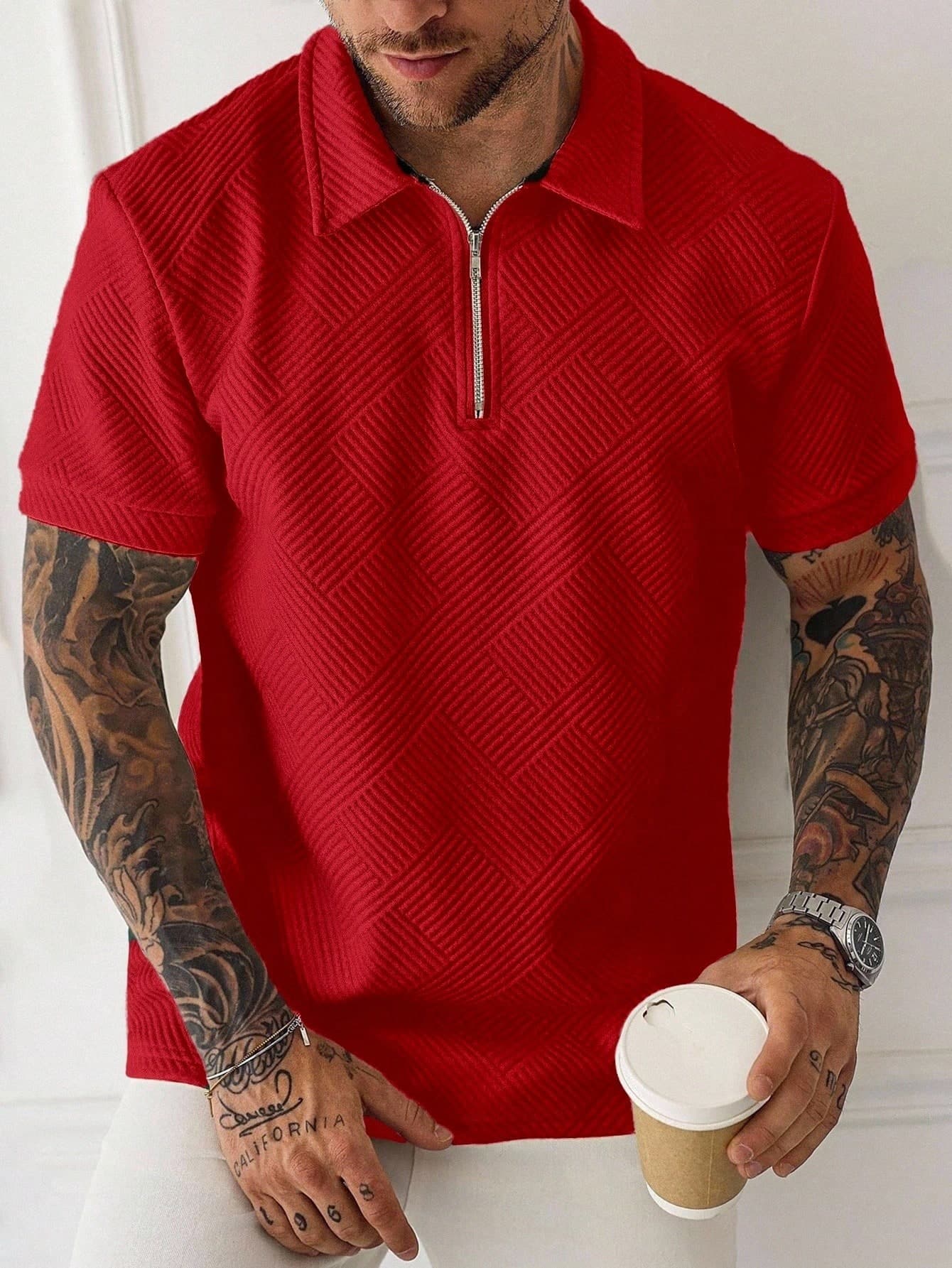 Manfinity Homme Men's Casual Solid Color Short Sleeve Polo Shirt, Summer Zippered Red Textured Shirt, Formal