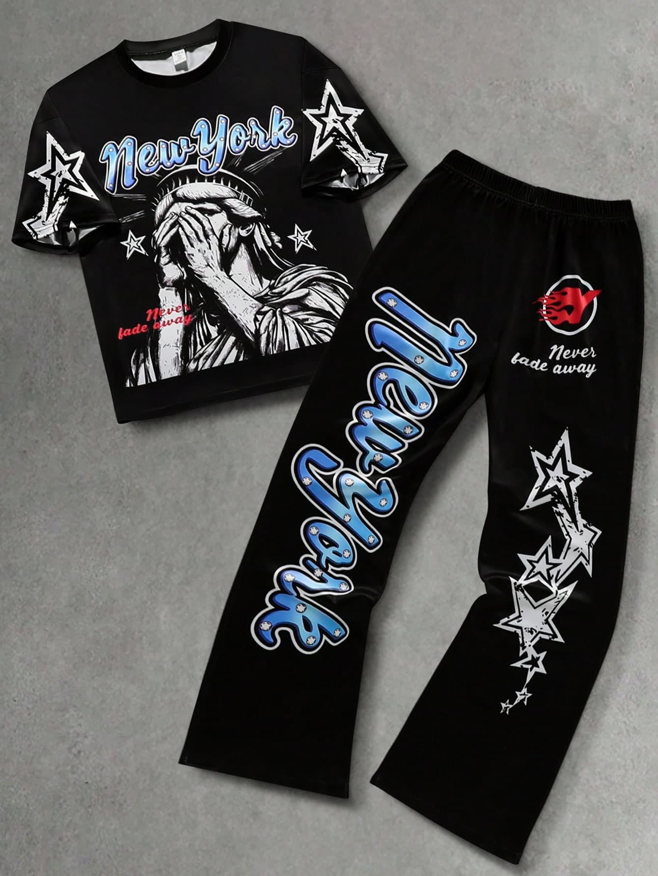 Coolqubz 2pcs/Set Casual Vintage Graphic Print T-Shirt Set For Teenage Boys, Suitable For Daily, Commute, Leisure And Streetwear