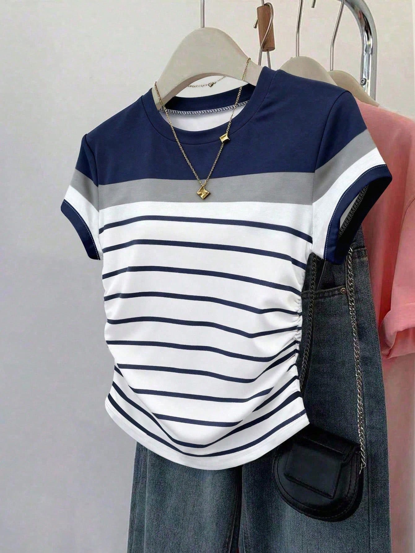 Franclia Women's Blue And White Stripe T-Shirt,Summer Casual Coastal Vacation Outdoor Blouse,Elegant Slim Waist Fit Multi-Color Striped Print,Teacher's Day