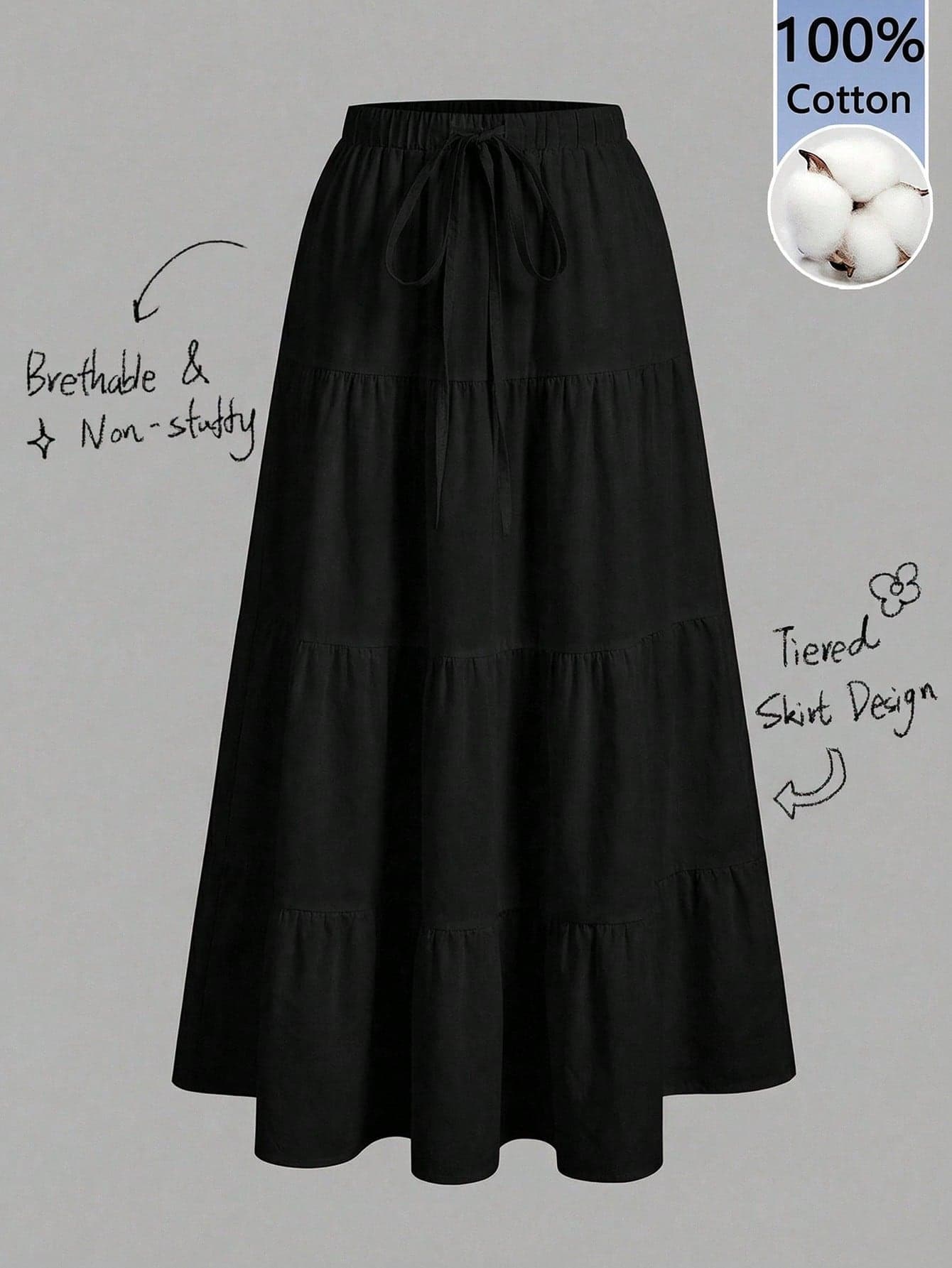 Tseoso 100% Washed Cotton Women's Casual Vacation Multi-Layer Cake Skirt, Suitable For Summer, Black