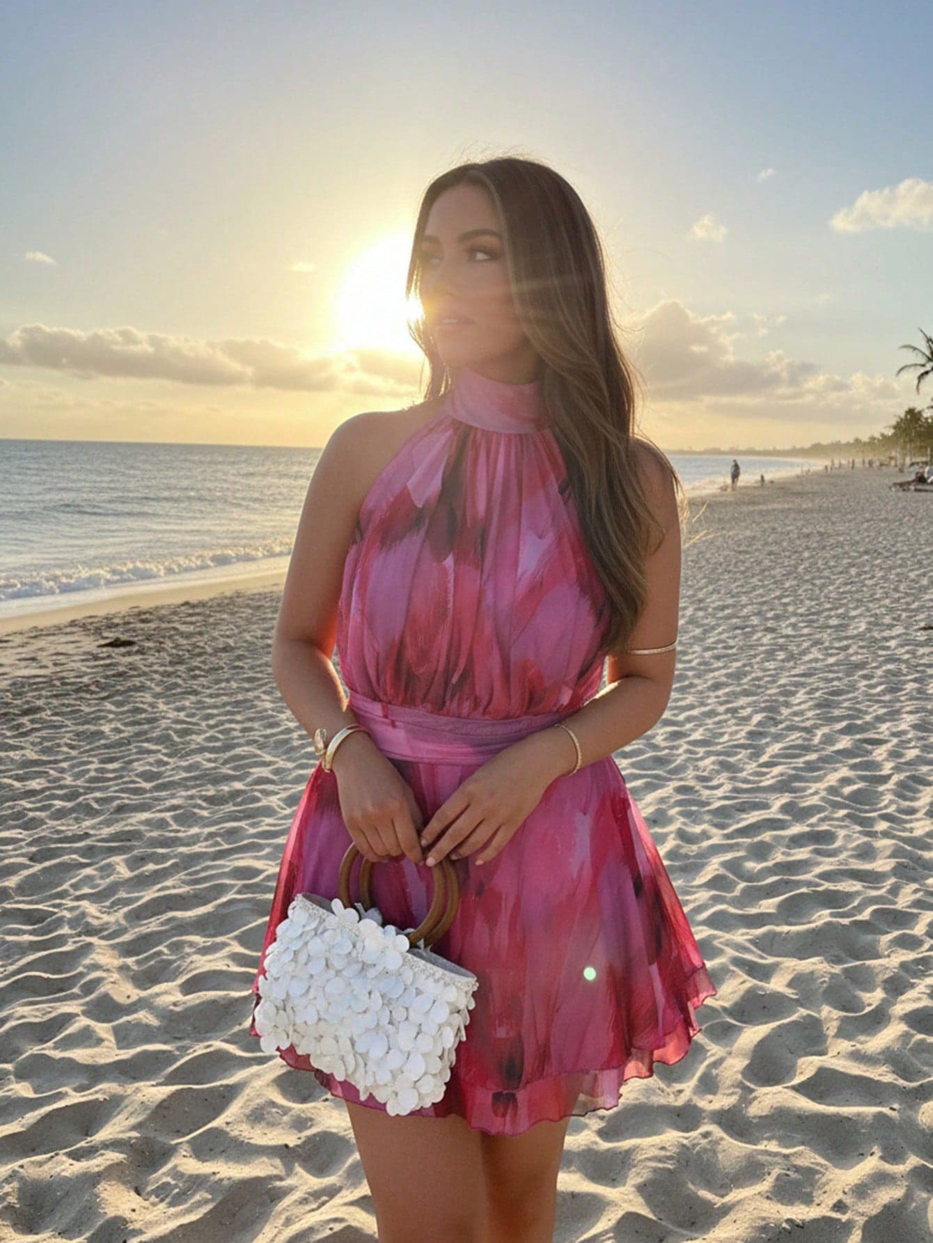 Auralis Boho Tropical Plus Size Pink Floral Summer Beach Vacation Mini Dress, Mock Neck Brush Art Print Mesh Ruched Tiered Hem Backless Sleeveless Dress