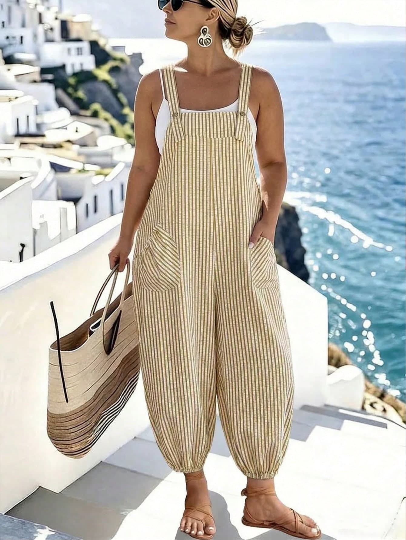 EMERY ROSE Plus Size Women's Elegant Striped Pocket Jumpsuit,White Sequence,Summer,Boho,Beach,Holiday Casual Rompers Wide Leg Pants Set For Work,Spring/Summer