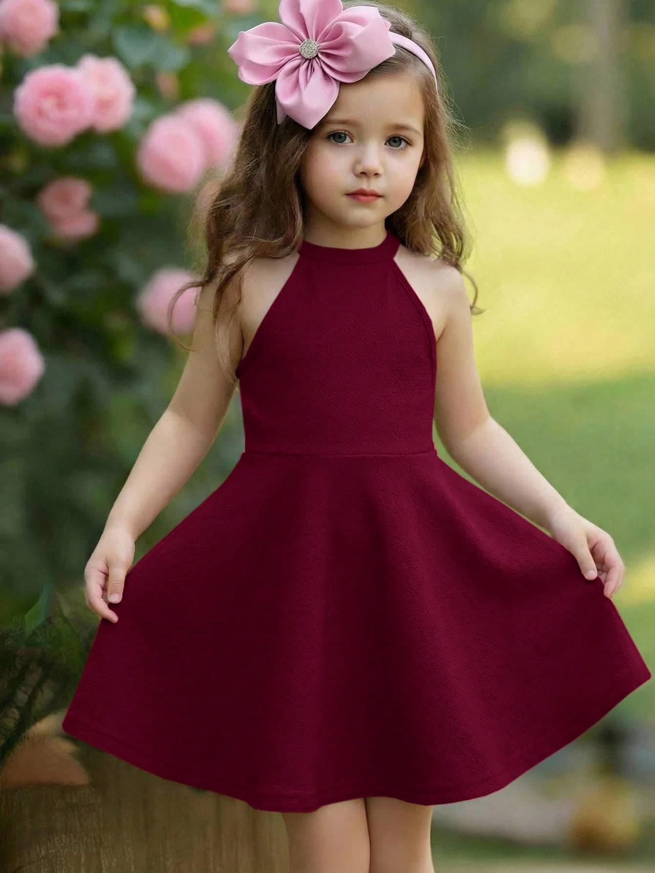 SHEIN Young Girl Burgundy Summer Flower Girl Dress,Elegant Solid Stand-Up Collar Sleeveless A-Line Birthday Party Dresses,Kids New Year Valentine's Outfit