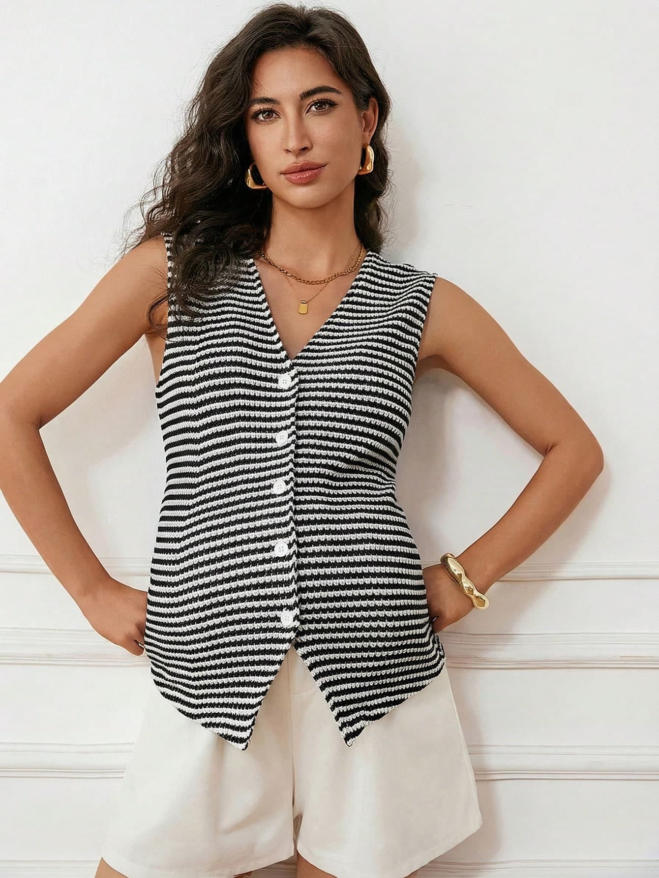 MaterniWear Maternity V-Neck Single-Breasted Casual Striped Tank Top
