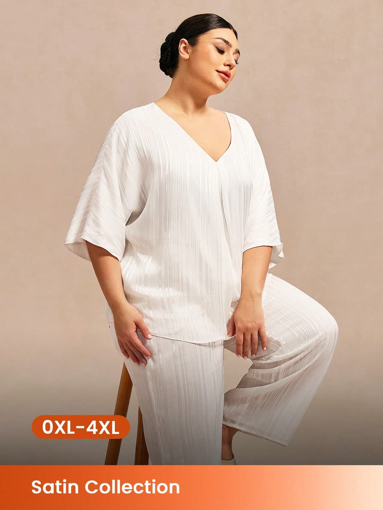 LUVLETTE Plus Size Women's Elegant Minimalist White Satin Sleep Set - Simple Design Pajamas Refined Nightwear Curve Pyjama